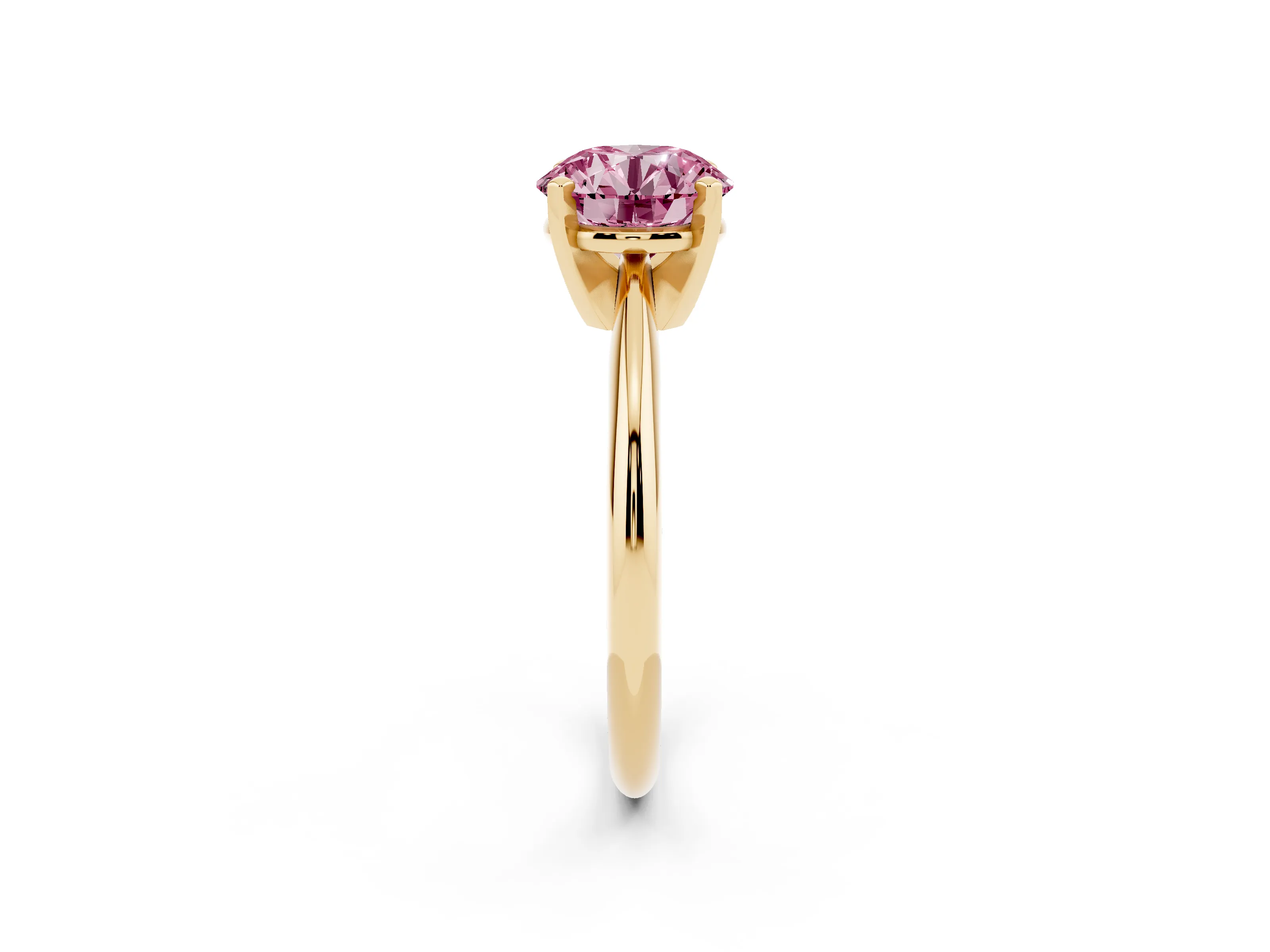 Fancy Pink Round Cut Diamond Solitaire Ring Set in Yellow gold with Prong Setting on a Plain Round Band