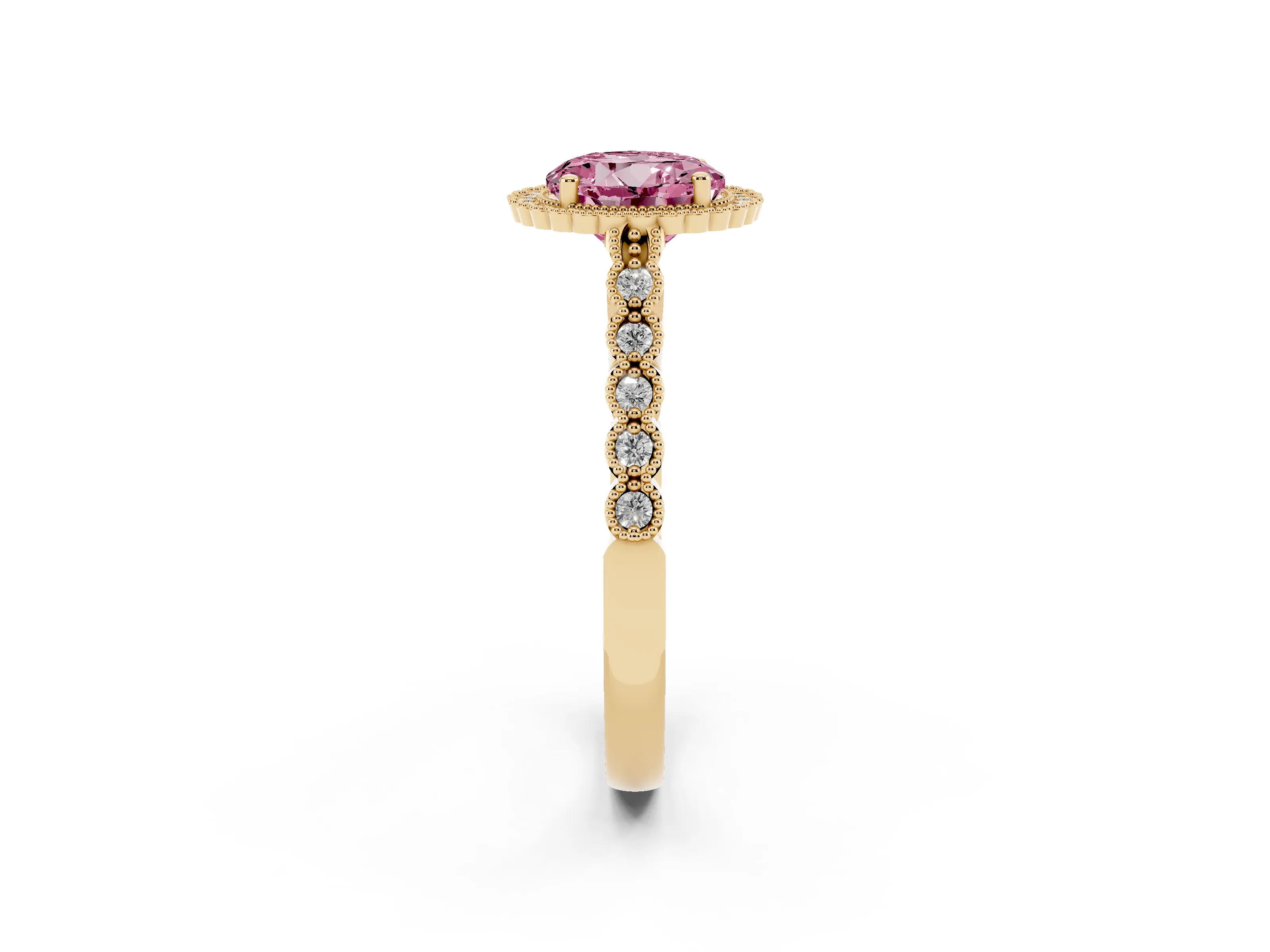 Fancy Pink Round Cut Diamond Halo Ring Set in Yellow gold with Pavé Milgrain Band