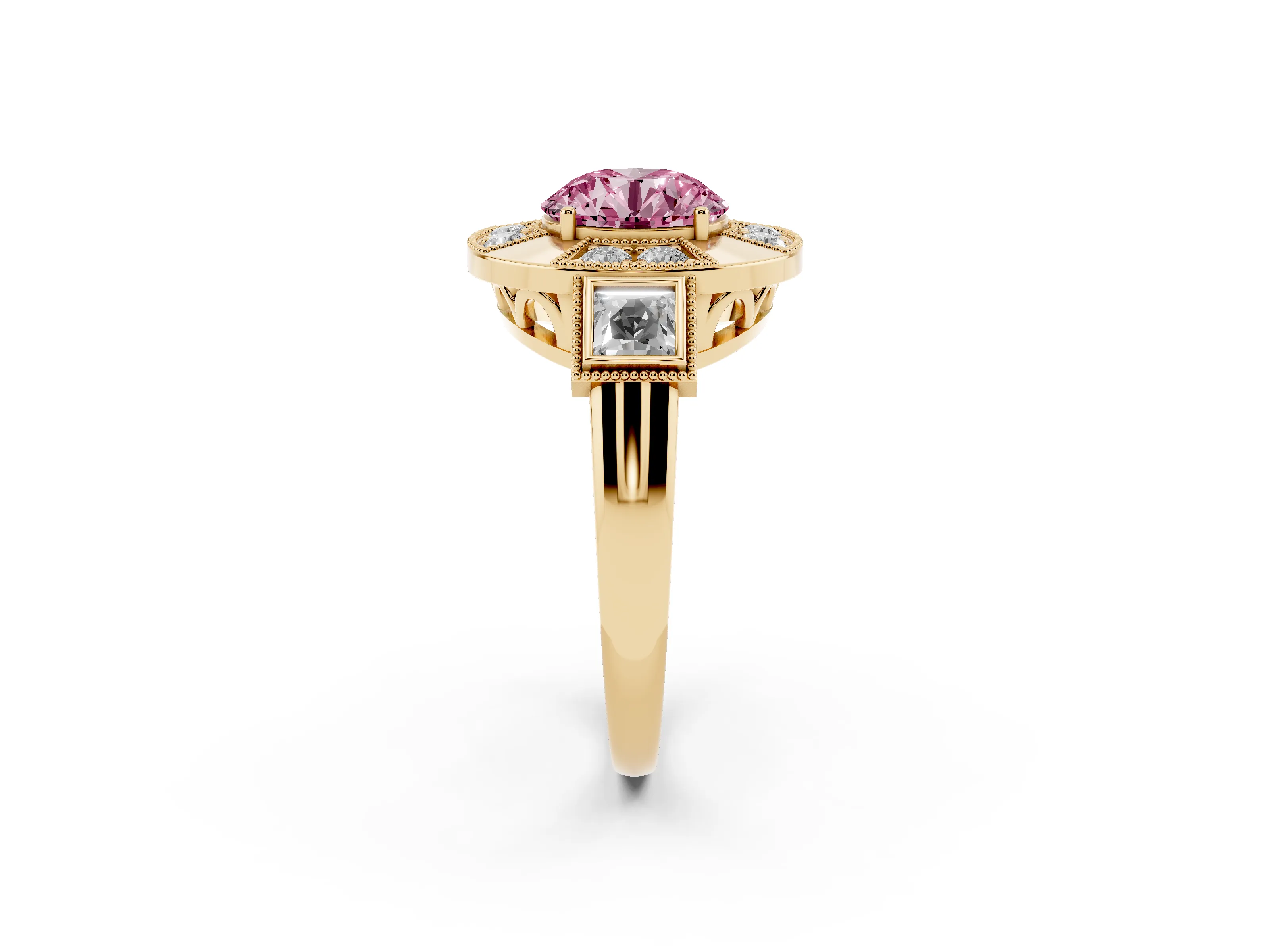 Fancy Pink Round Cut Diamond Milgrain Halo Ring Set in Yellow gold with Split Shank