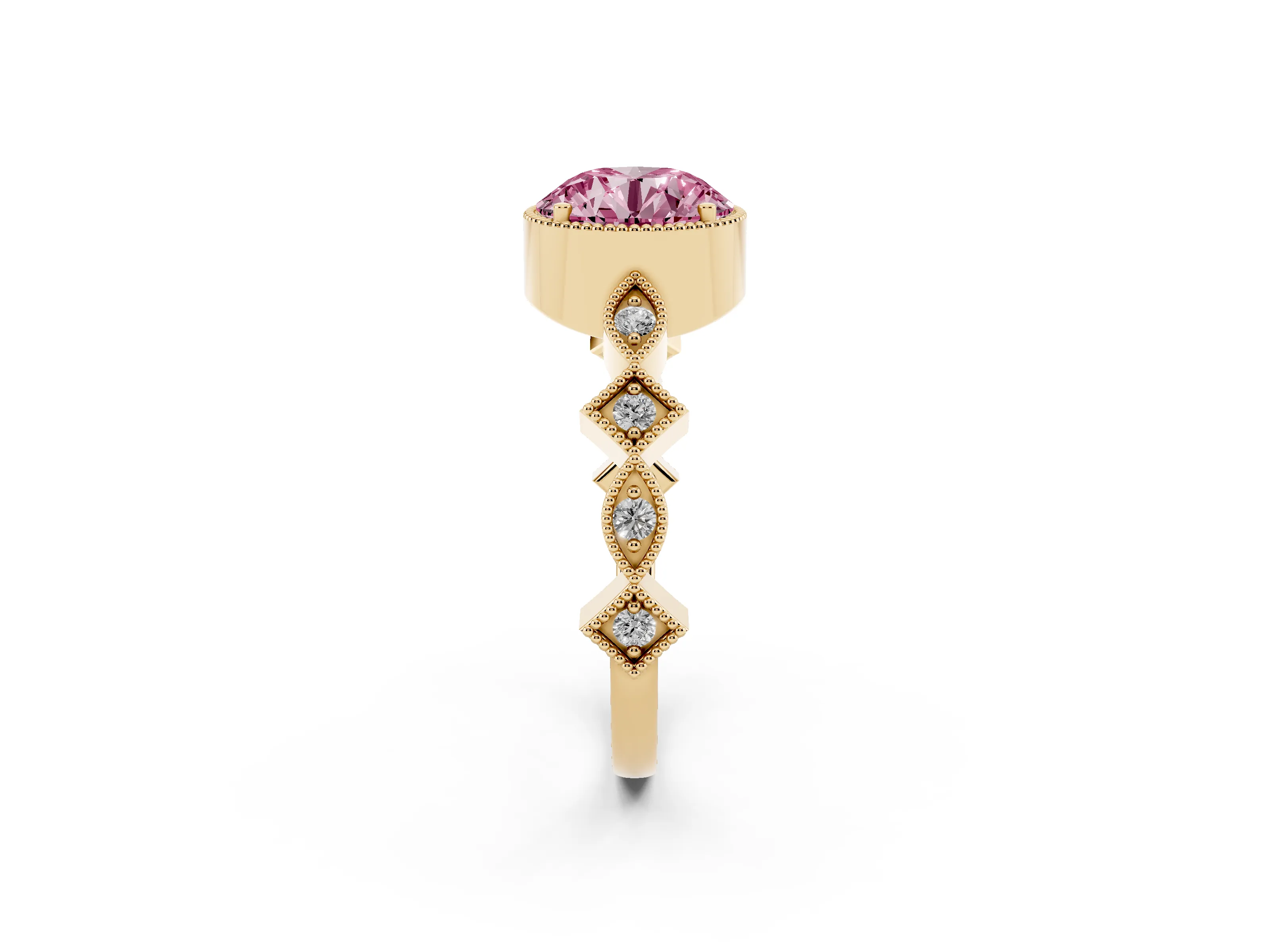 Fancy Pink Round Cut Diamond Milgrain Marquise Twist Band Ring Set in Yellow gold with Prong Setting