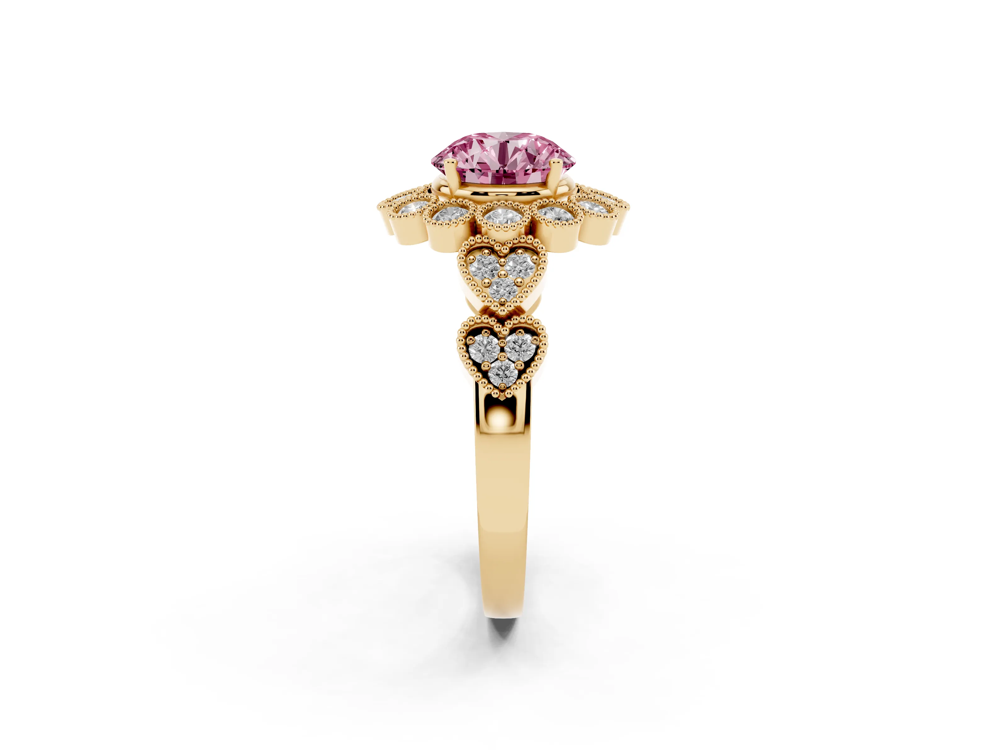 Fancy Pink Round Cut Diamond Solitaire Ring Set in Yellow gold with Milgrain Pavé Heart Band