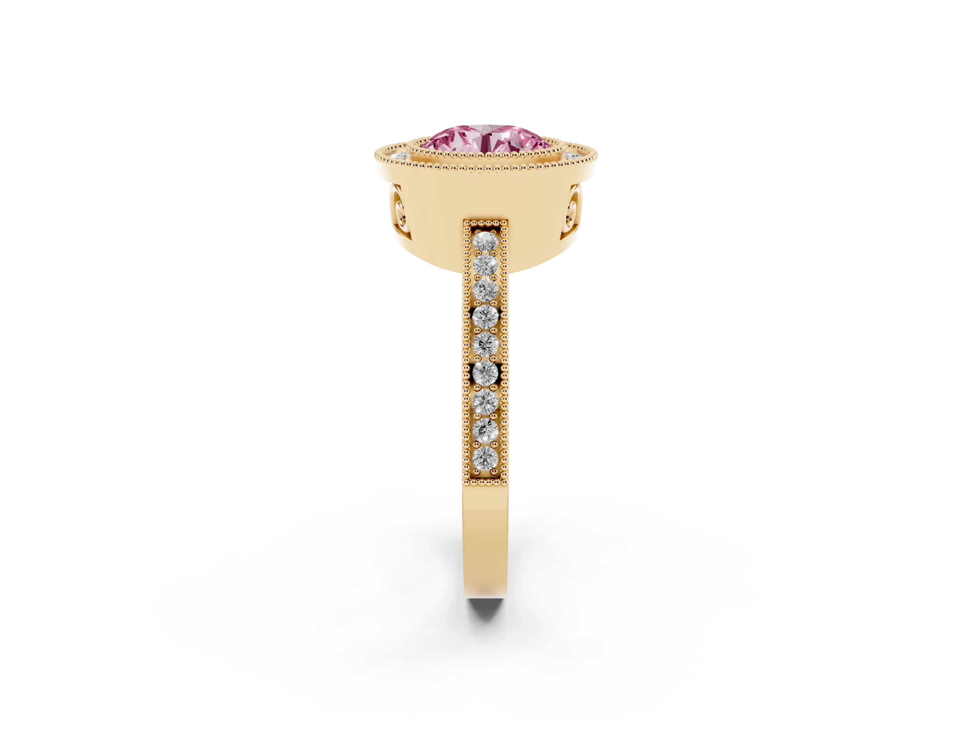Fancy Pink Round Cut Diamond Halo Ring Set in Yellow gold with Pavé Band and Milgrain-Edged Prongs