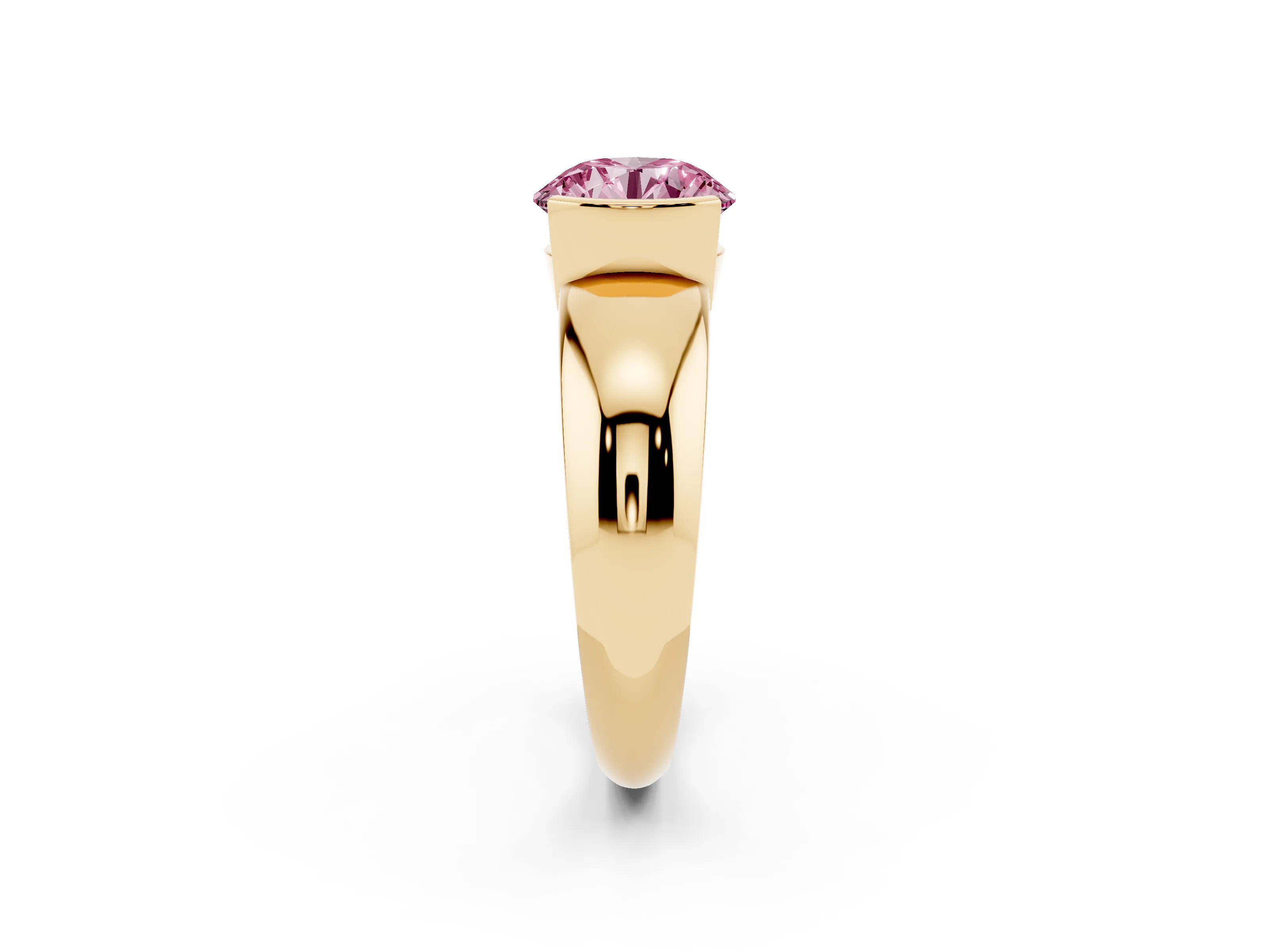 Fancy Pink Round Cut Diamond Solitaire Tension Set Ring Set in Yellow gold with Wide Band