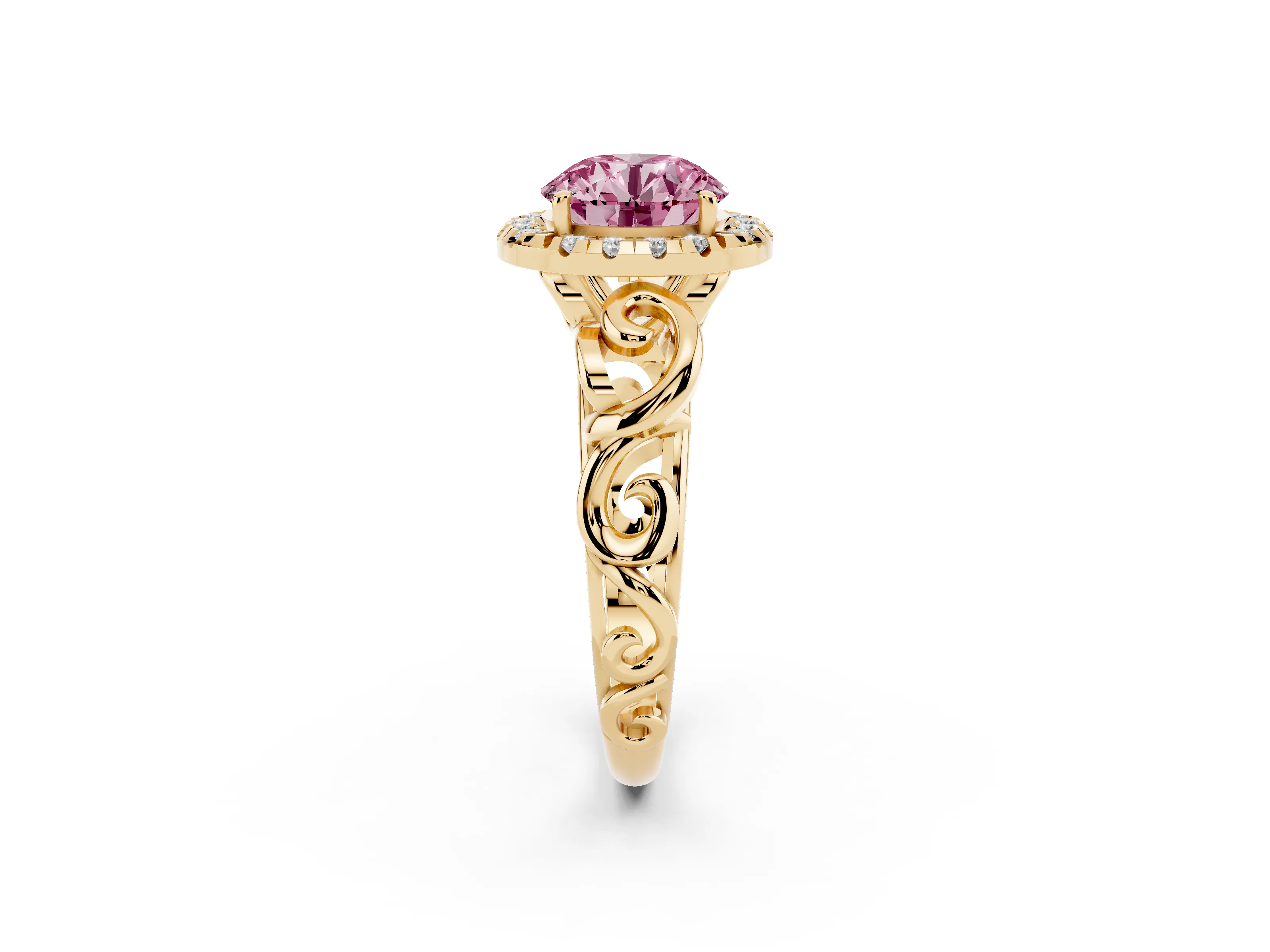 Fancy Pink Round Cut Diamond Halo Ring Set in Yellow gold with Scrollwork Band and Prong Setting