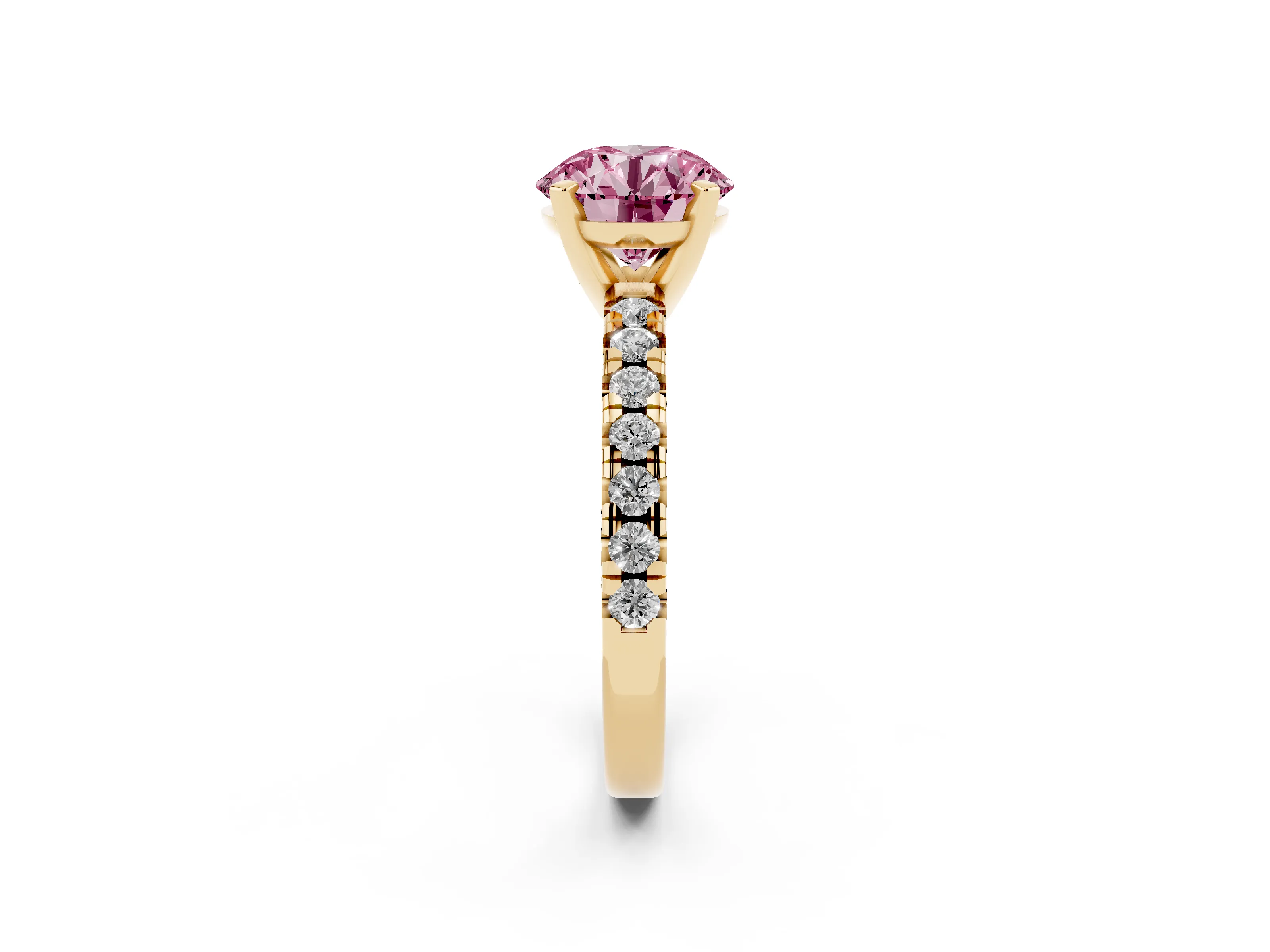 Fancy Pink Round Cut Diamond Solitaire Pavé Engagement Ring Set in Yellow gold with Round Band and Prong Setting