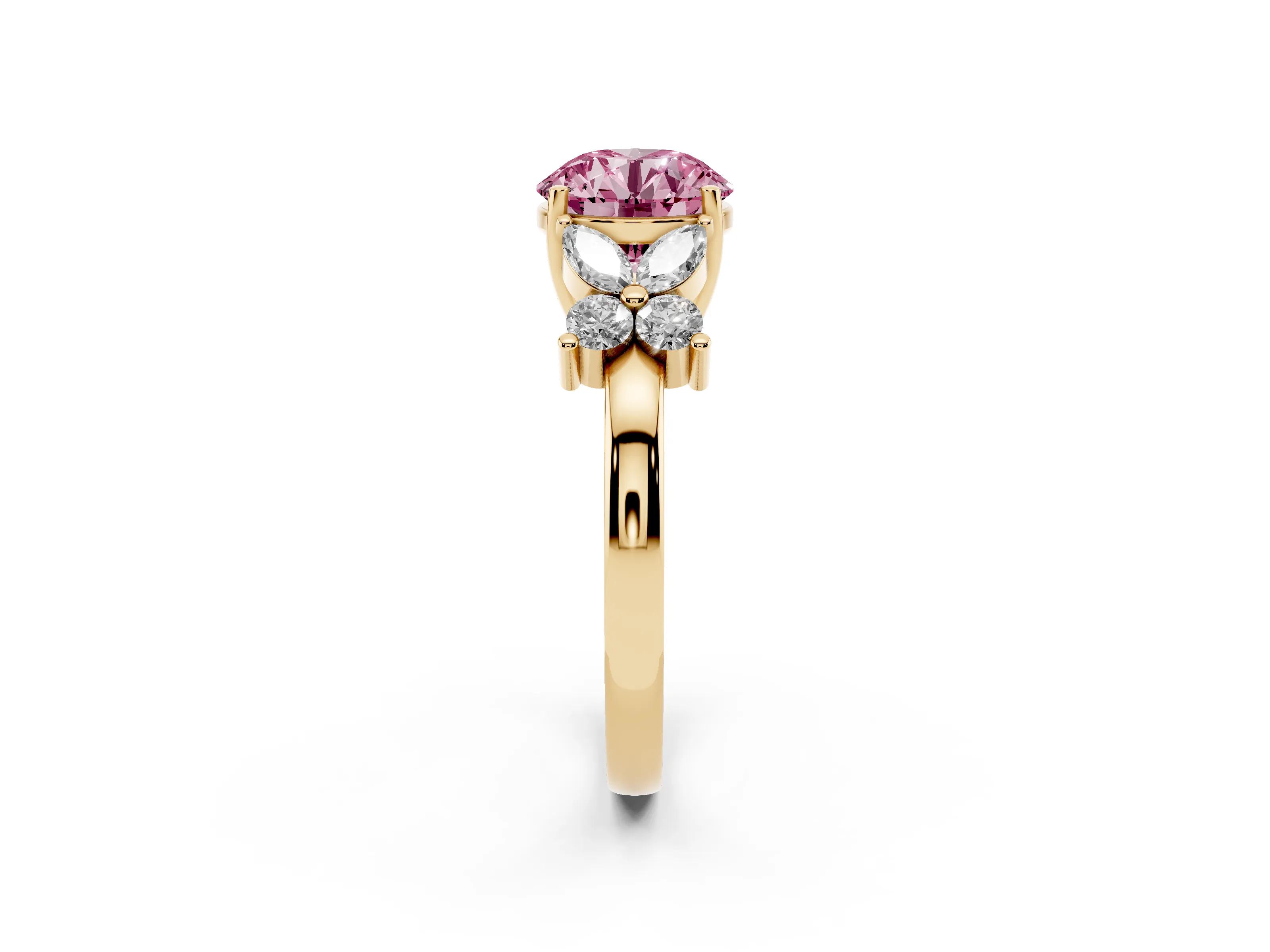 Fancy Pink Round Cut Diamond Floral Cluster Ring Set in Yellow gold with Marquise Petals and Prong Setting