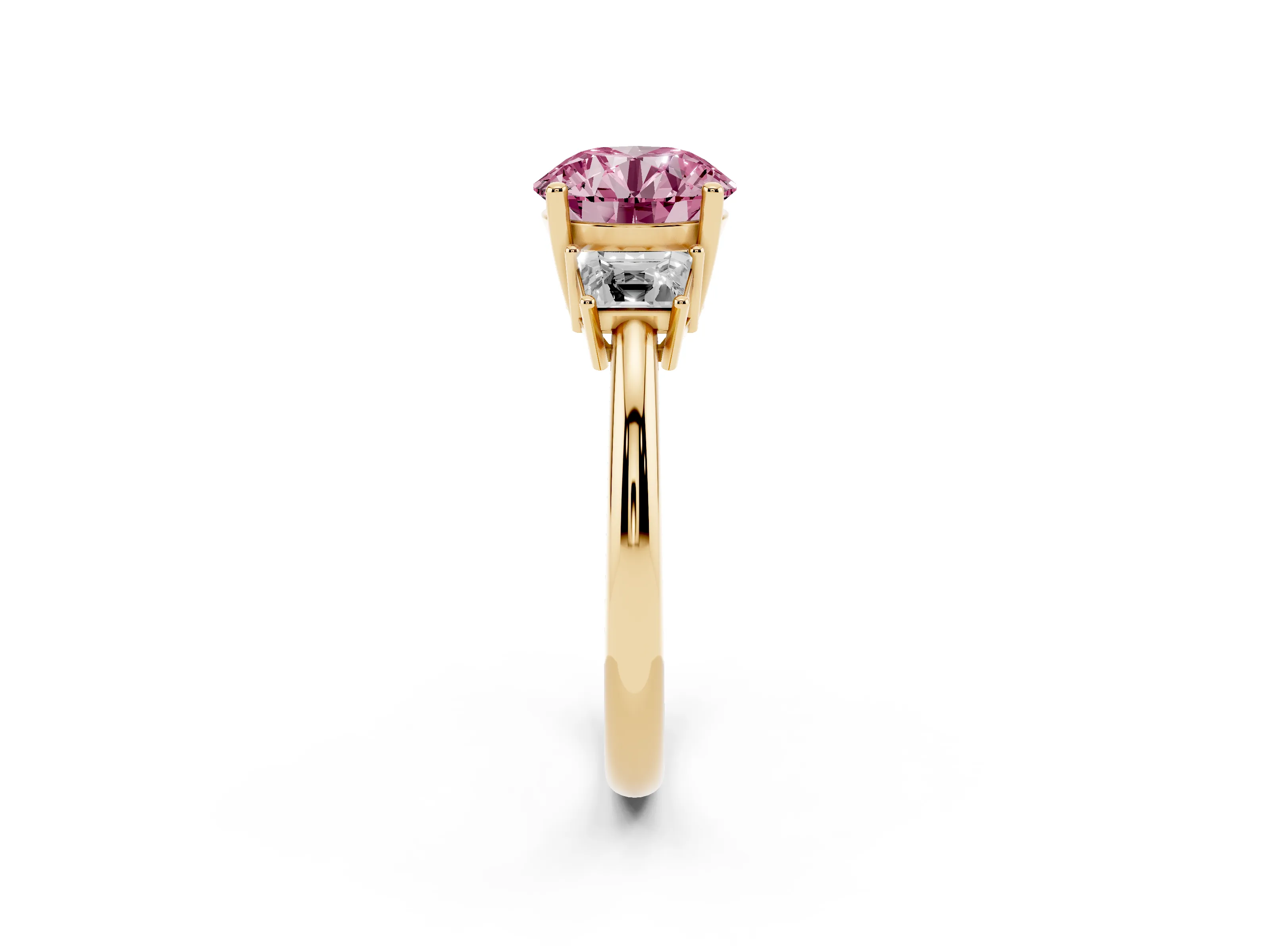 Fancy Pink Round Cut Diamond Three-Stone Ring Set in Yellow gold with Trapezoid Side Stones and Prong Setting