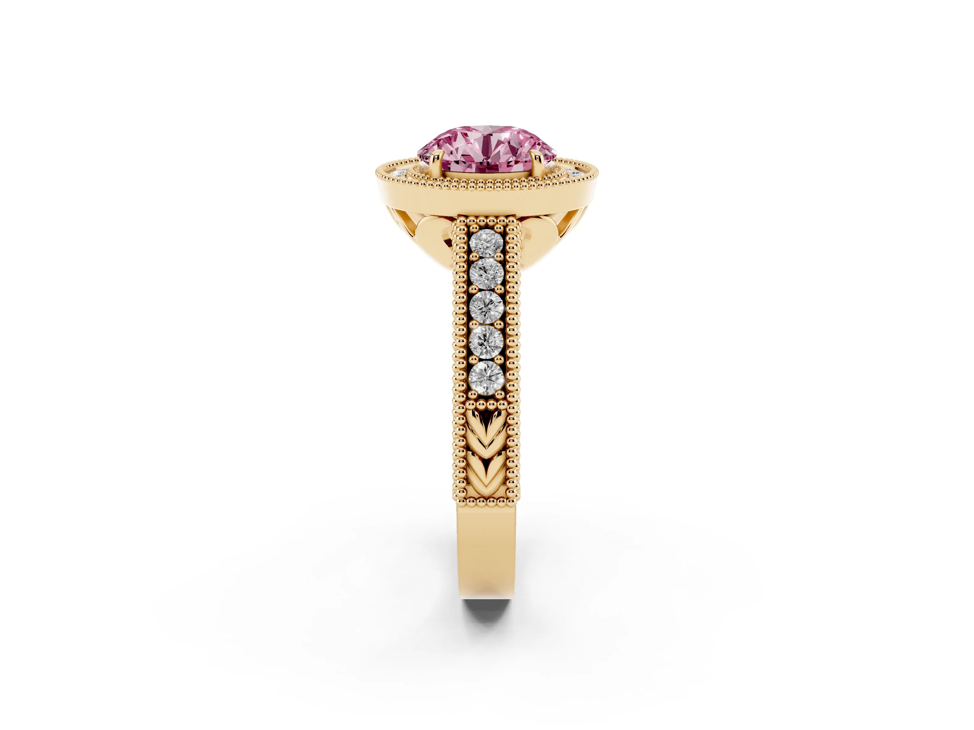 Fancy Pink Round Cut Diamond Halo Ring Set in Yellow gold with Round Accent Halo, Pavé Band and Prong Setting