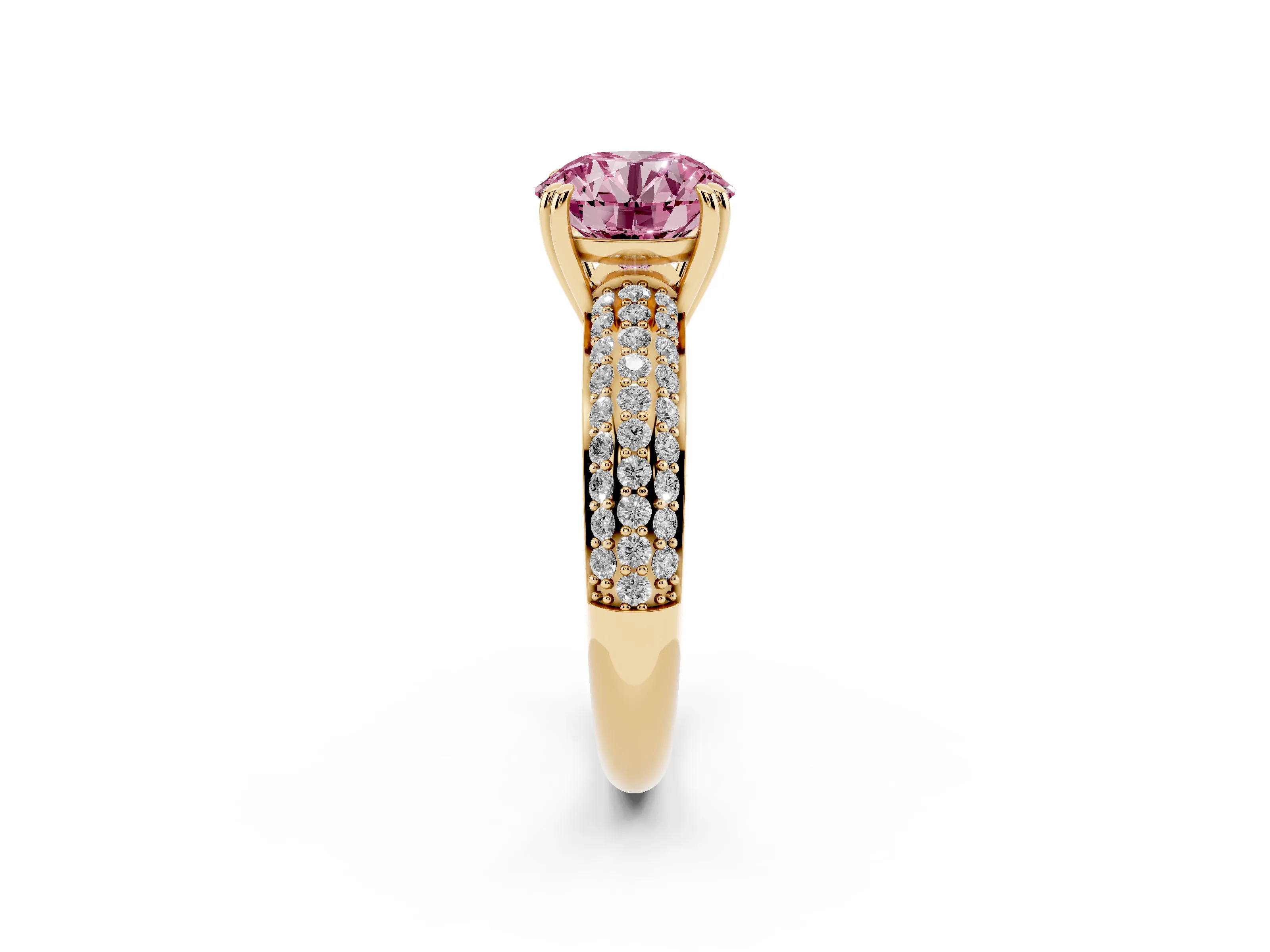 Fancy Pink Round Cut Diamond Solitaire Ring Set in Yellow gold with Multi-Row Round Pavé Band and Prong Setting