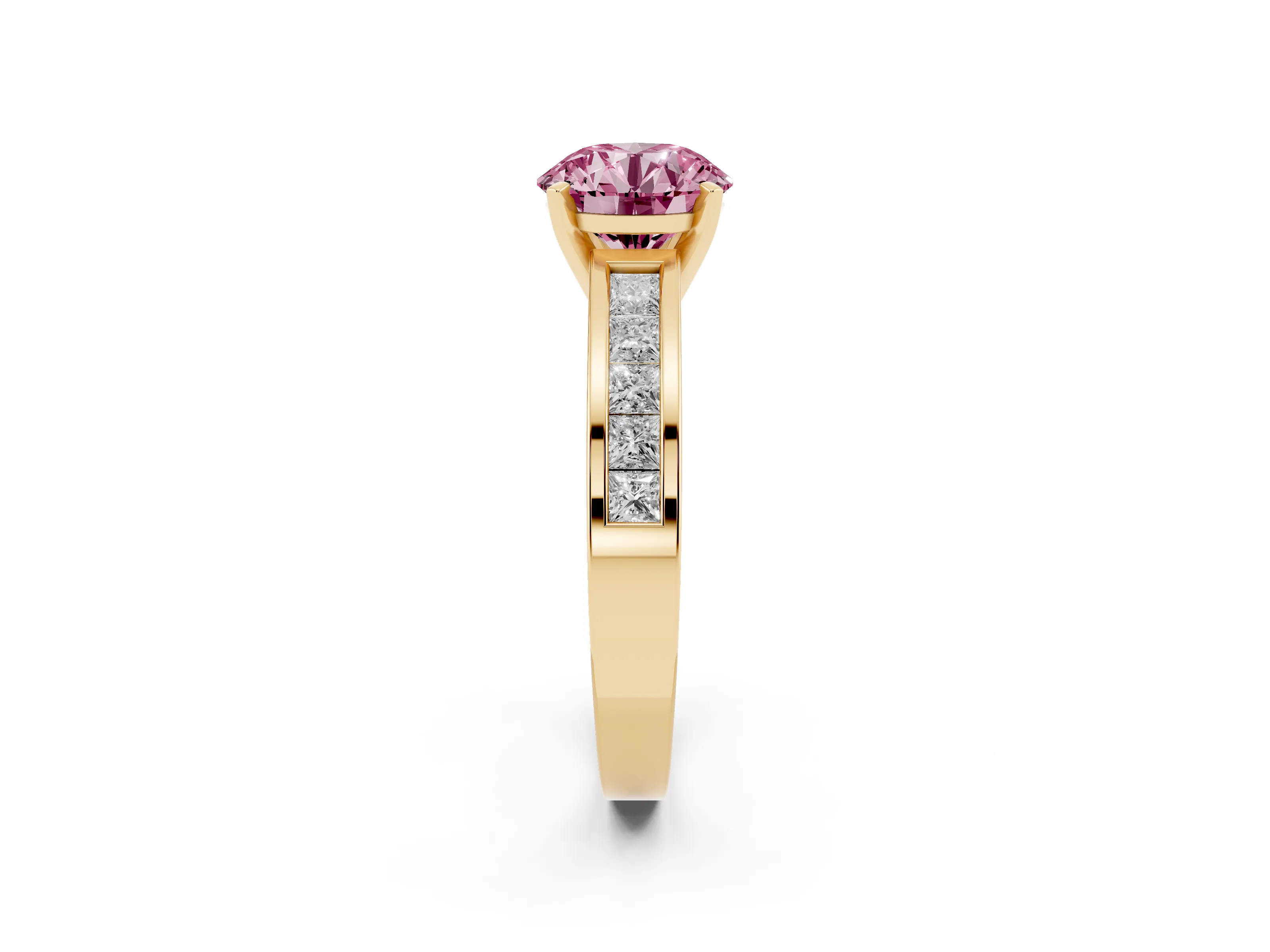 Fancy Pink Round Cut Diamond Solitaire Ring Set in Yellow gold with Channel-Set Band and Prong Setting