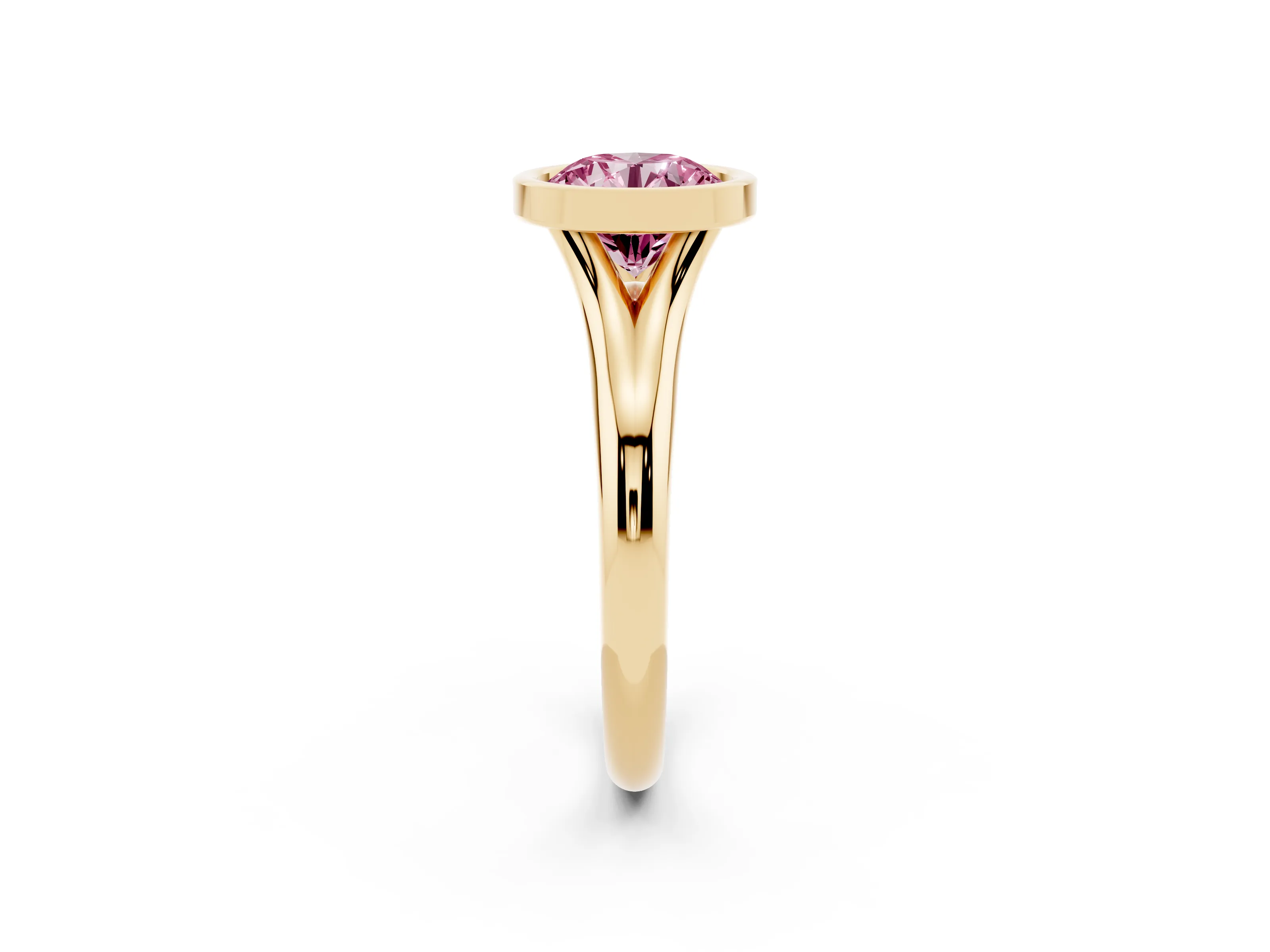 Fancy Pink Bezel Set Round Cut Diamond Solitaire Ring Set in Yellow gold with Smooth Band