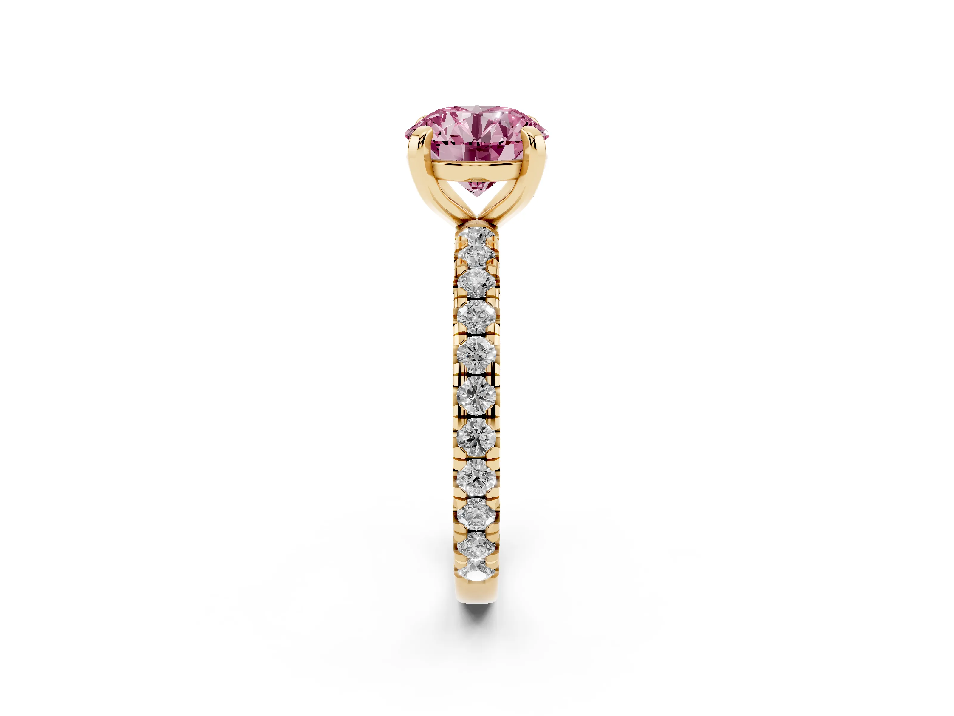 Fancy Pink Round Cut Diamond Pavé Solitaire Ring Set in Yellow gold with Round Band and Prong Setting
