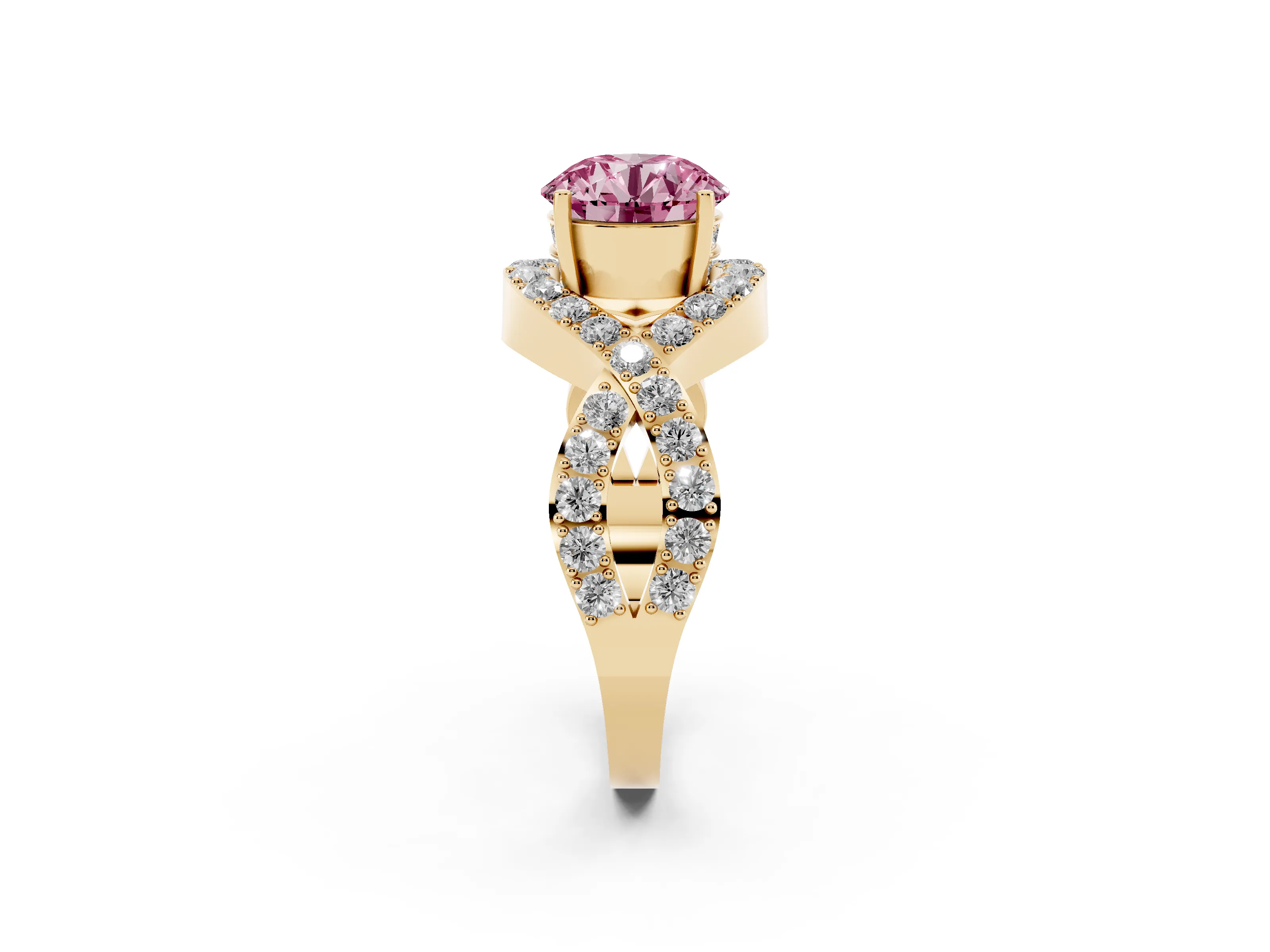 Fancy Pink Round Cut Diamond Solitaire Twist Band Pavé Engagement Ring Set in Yellow gold