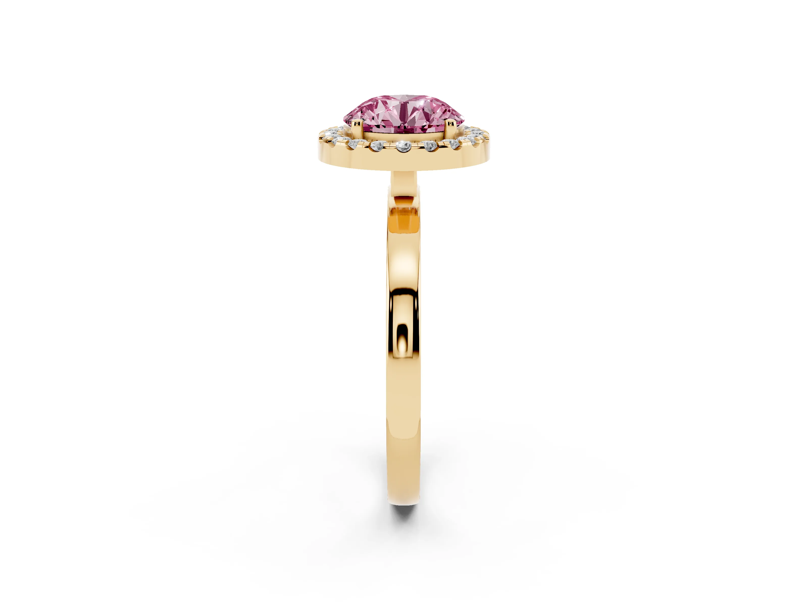 Fancy Pink Round Cut Diamond Halo Solitaire Ring Set in Yellow gold with Pavé Band and Prong Setting
