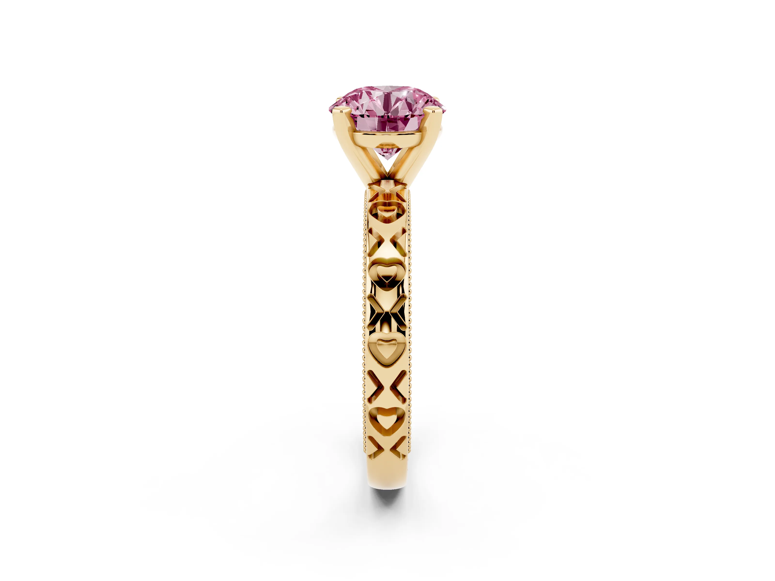 Fancy Pink Round Cut Diamond Solitaire Engagement Ring Set in Yellow gold with XO Engraved Band and Prong Setting