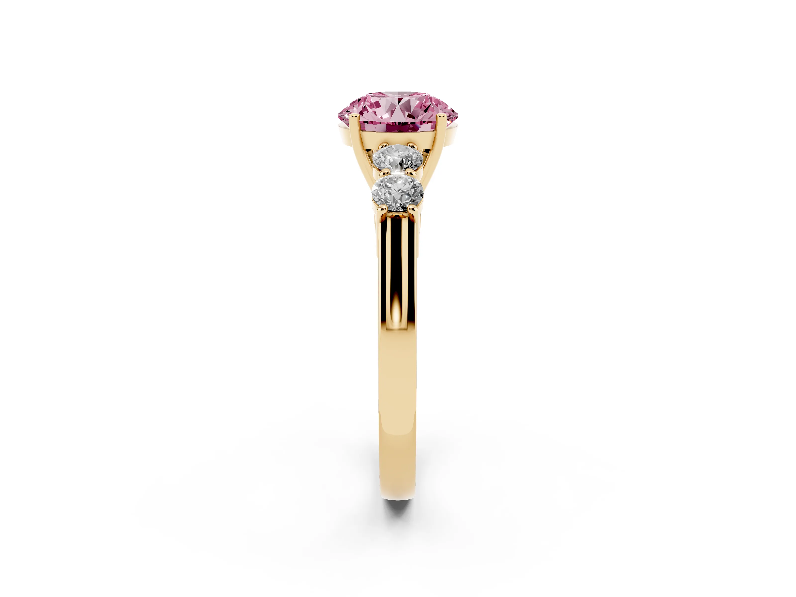 Fancy Pink Round Cut Diamond Five-Stone Prong Set Band Ring Set in Yellow gold with Polished Band