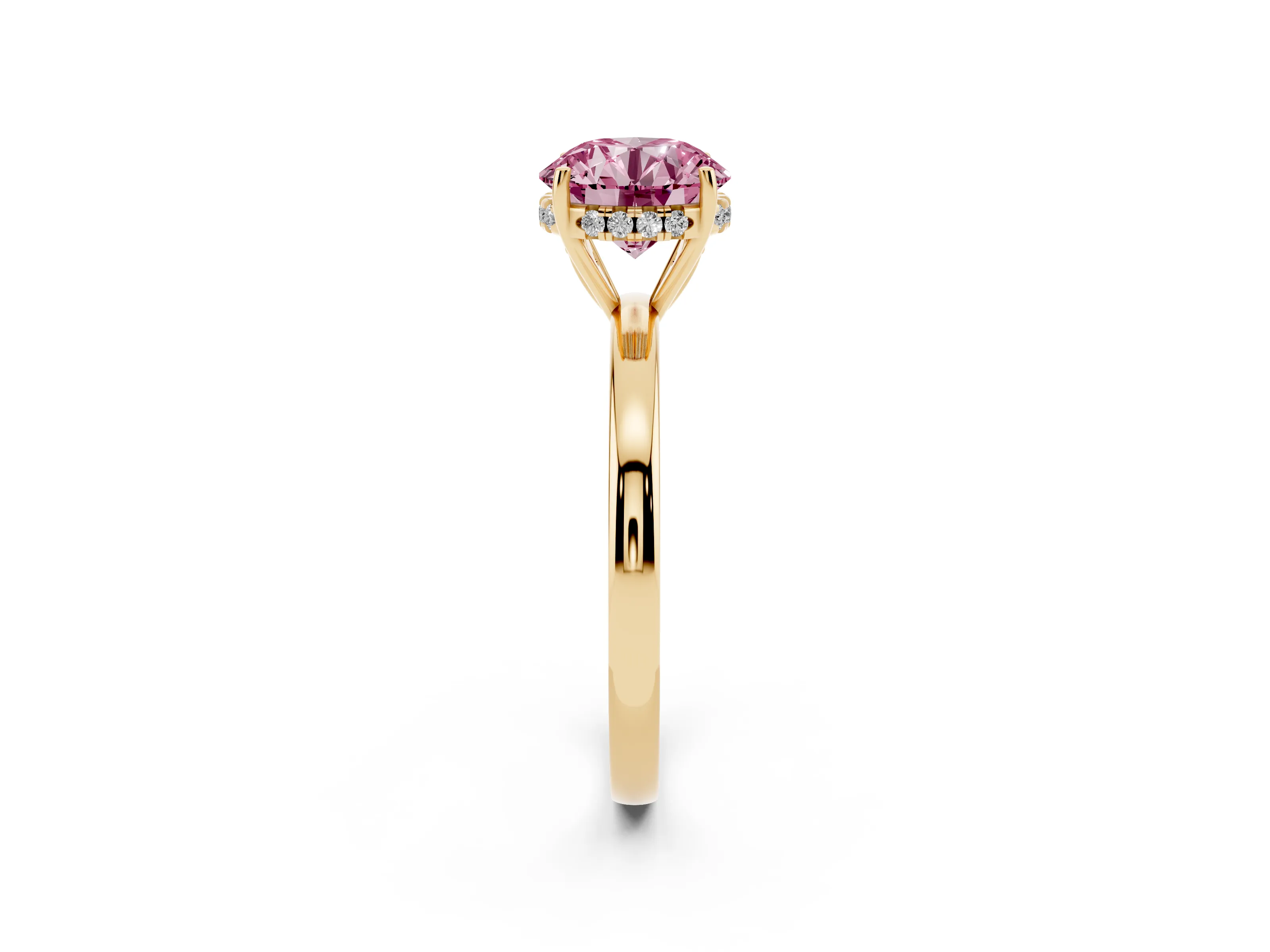 Fancy Pink Round Cut Diamond Solitaire Ring Set in Yellow gold with Plain Band and Prong Setting