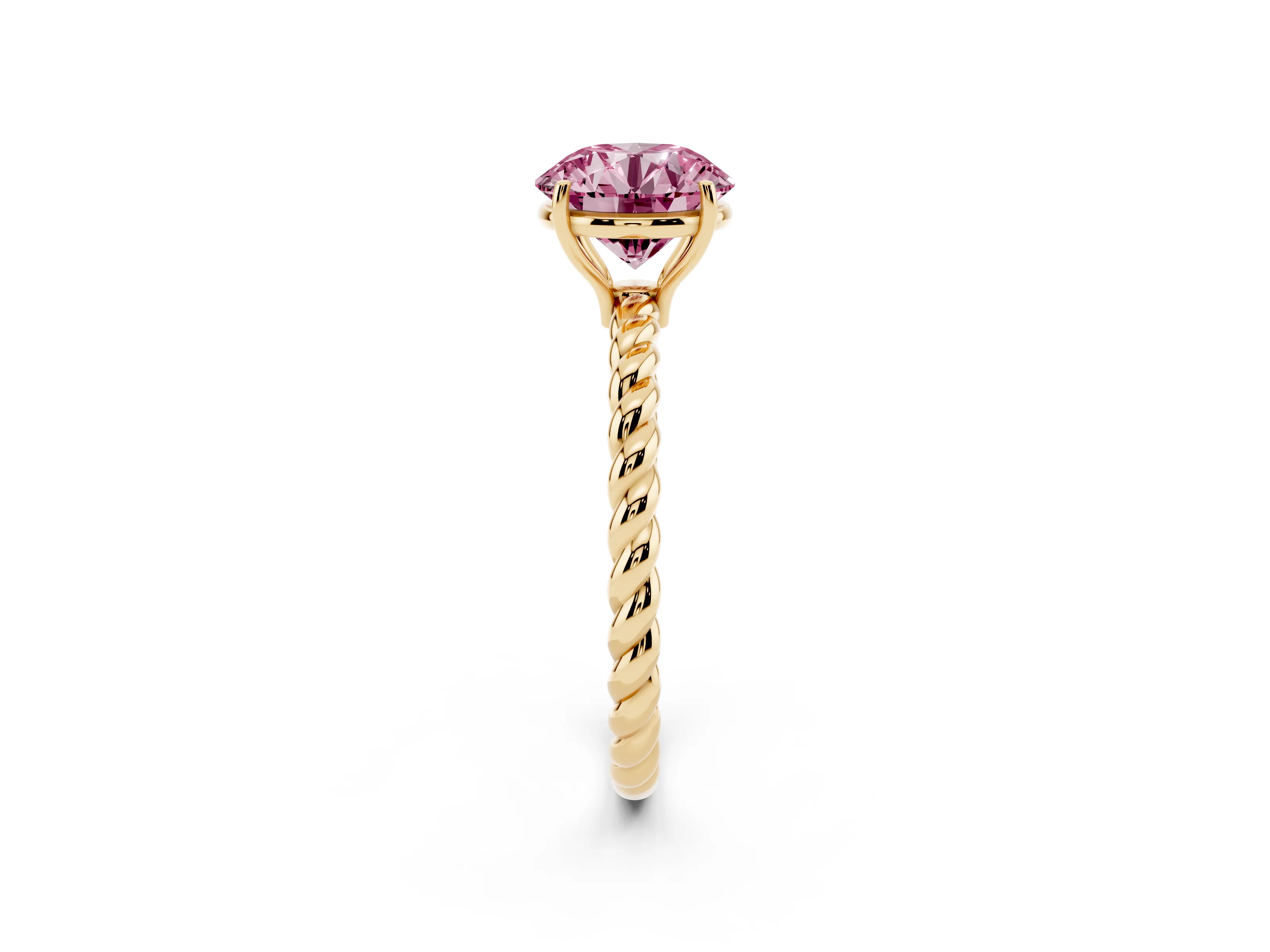 Fancy Pink Round Cut Diamond Solitaire Ring Set in Yellow gold with Twist Band and Prong Setting