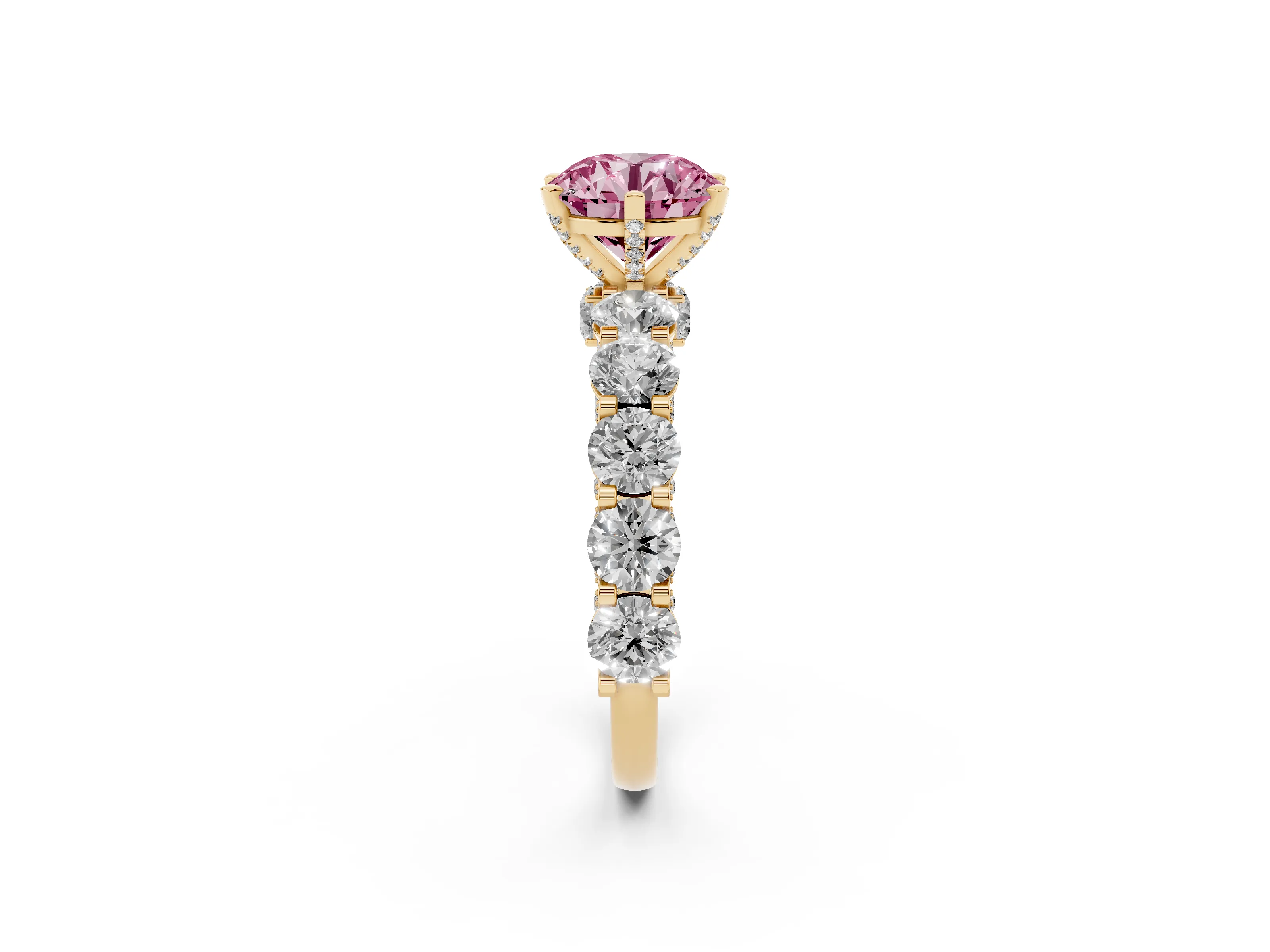 Fancy Pink Round Cut Diamond Side Stone Ring Set in Yellow gold with Alternating Round and Oval Side Stones