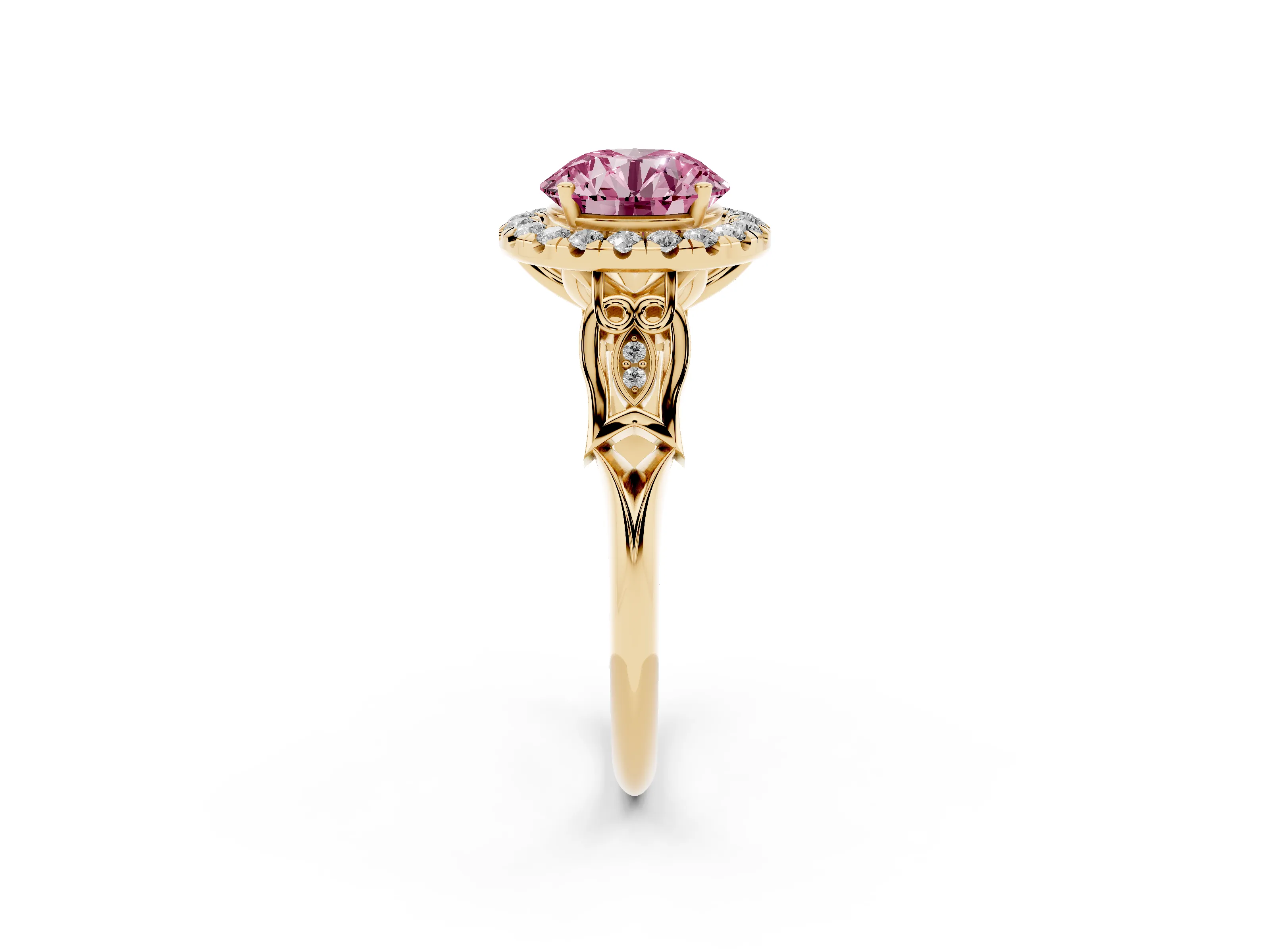 Fancy Pink Round Cut Diamond Halo Engagement Ring Set in Yellow gold with Filigree Band and Prong-Set Center
