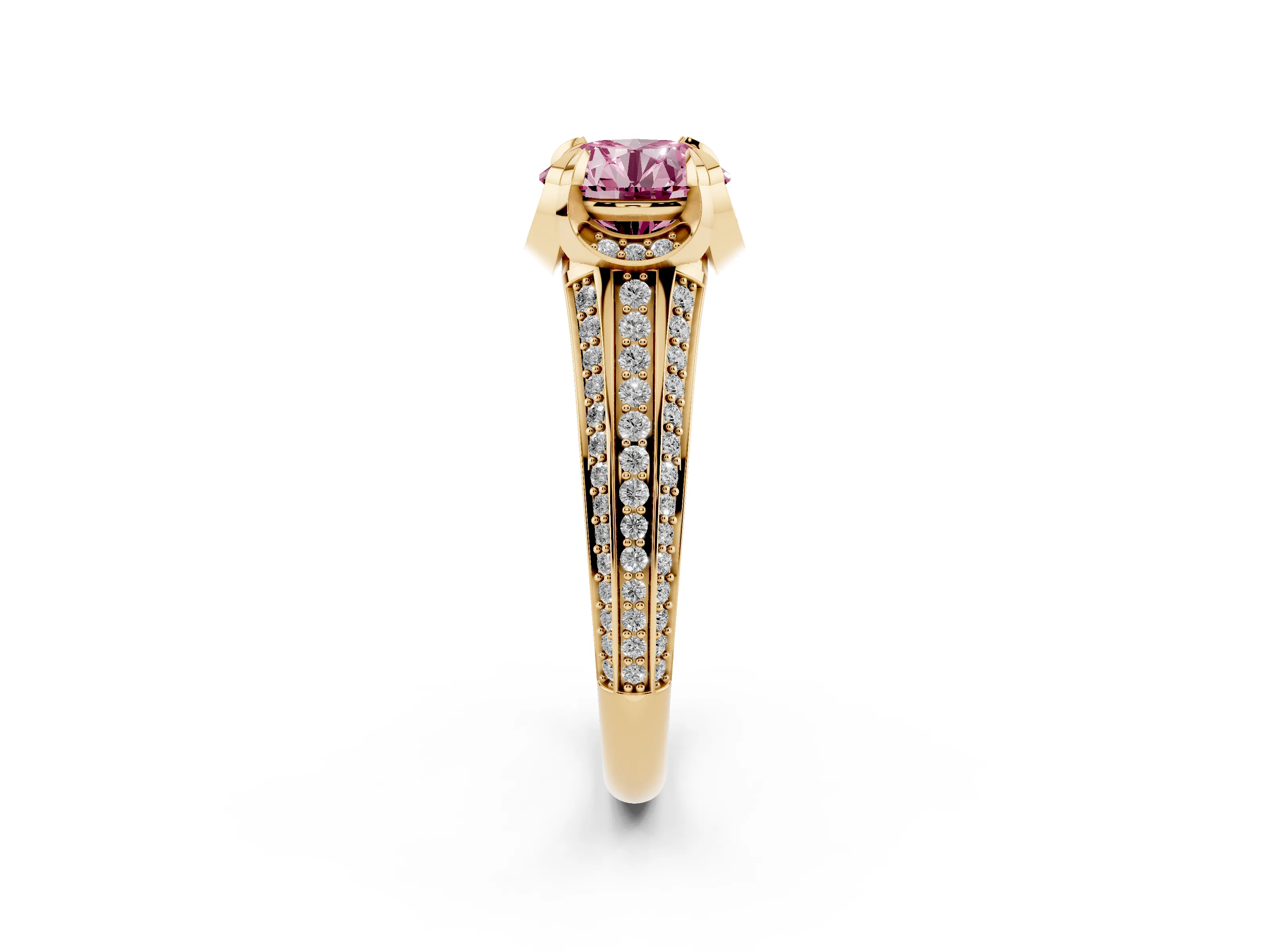 Fancy Pink Round Cut Diamond Pavé Split Shank Solitaire Ring Set in Yellow gold with Prong Setting