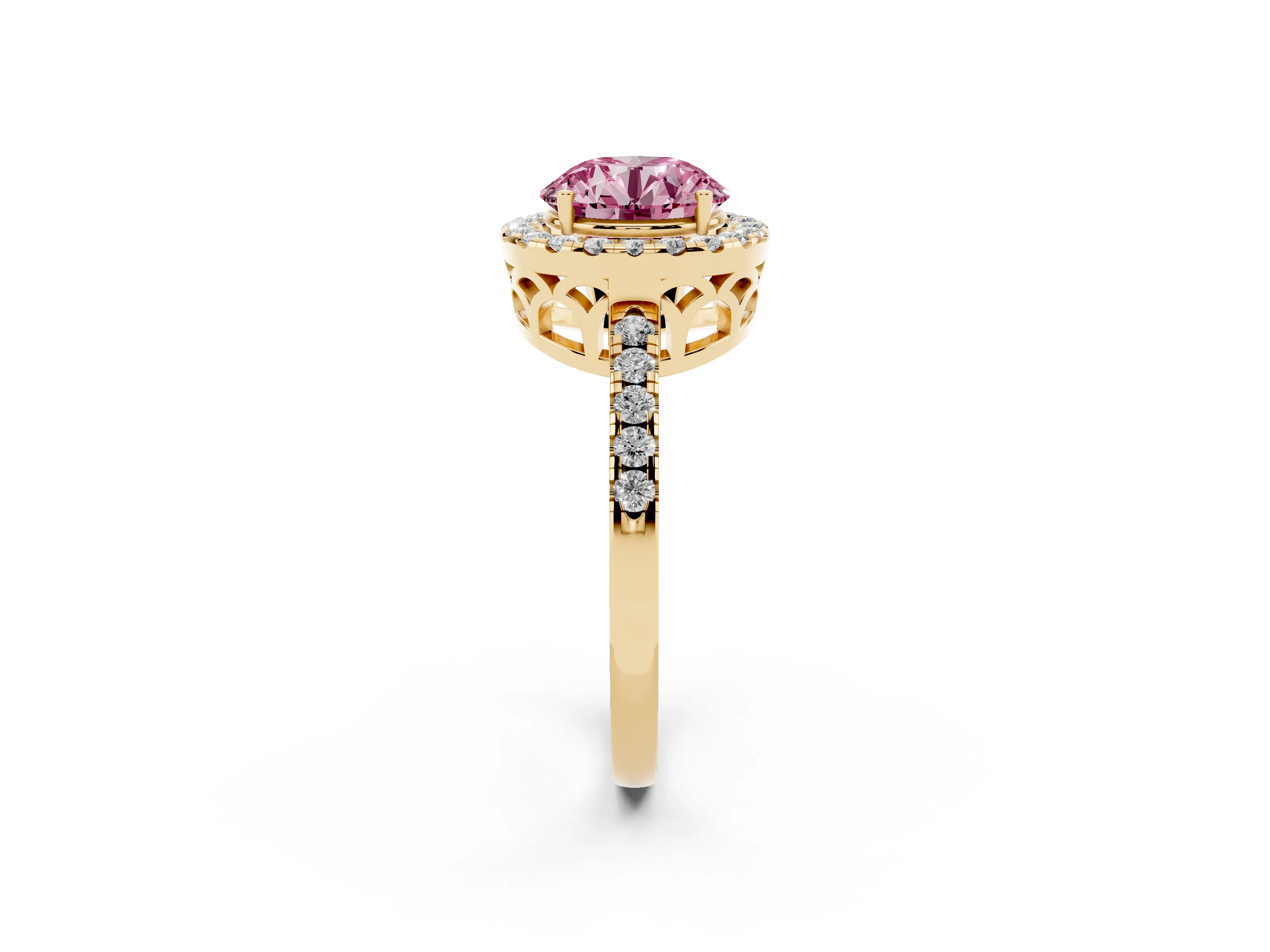 Fancy Pink Round Cut Diamond Pavé Band Halo Engagement Ring Set in Yellow gold with Prong Setting