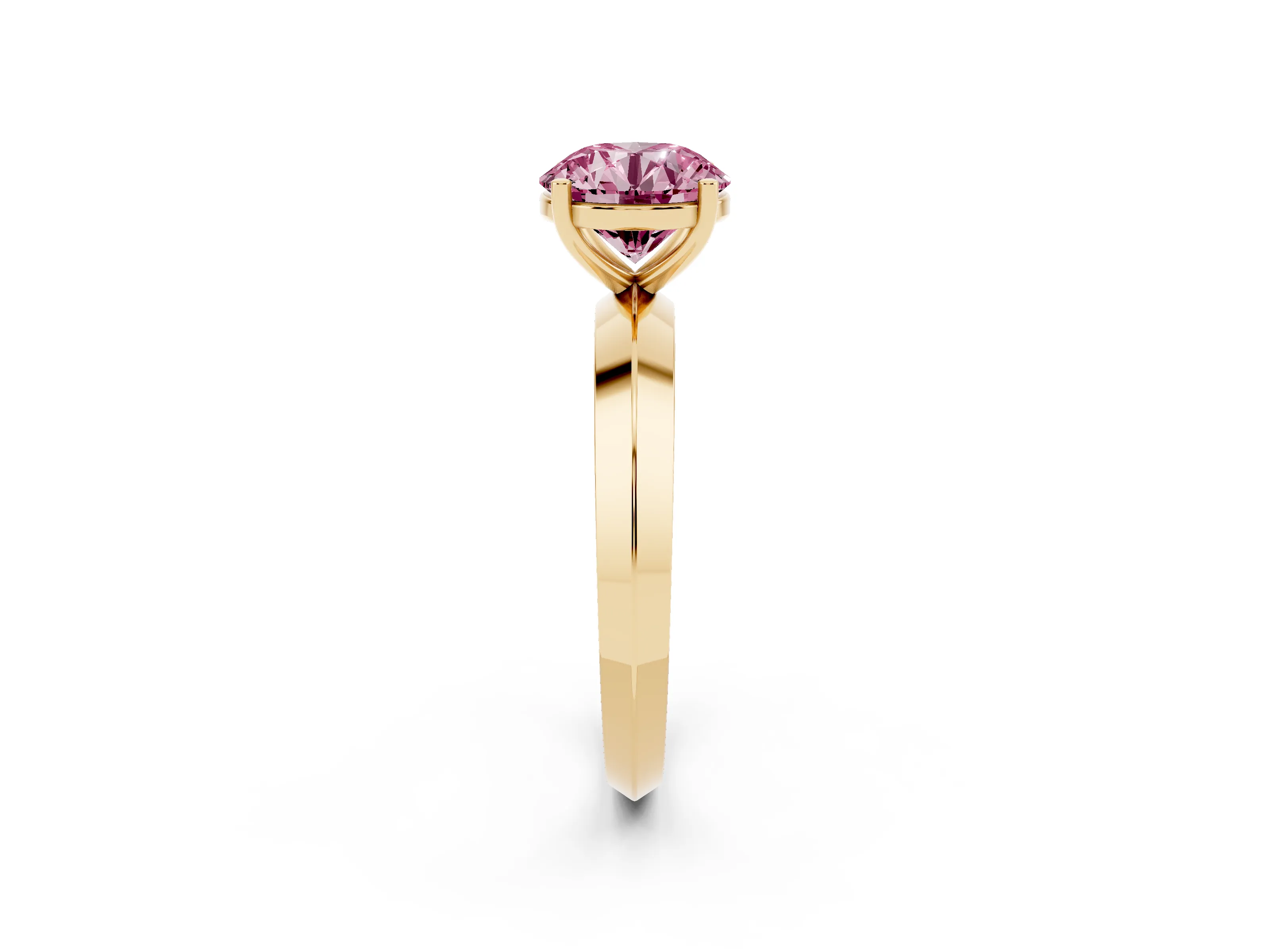 Fancy Pink Round Cut Diamond Solitaire Engagement Ring Set in Yellow gold with Flat Band and Prong Setting