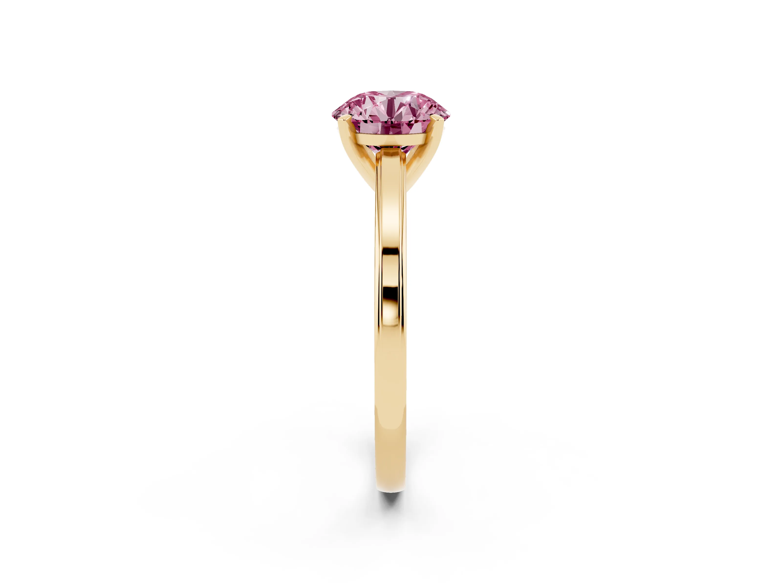 Fancy Pink Round Cut Diamond Solitaire Ring Set in Yellow gold with Prong Setting and Classic Band