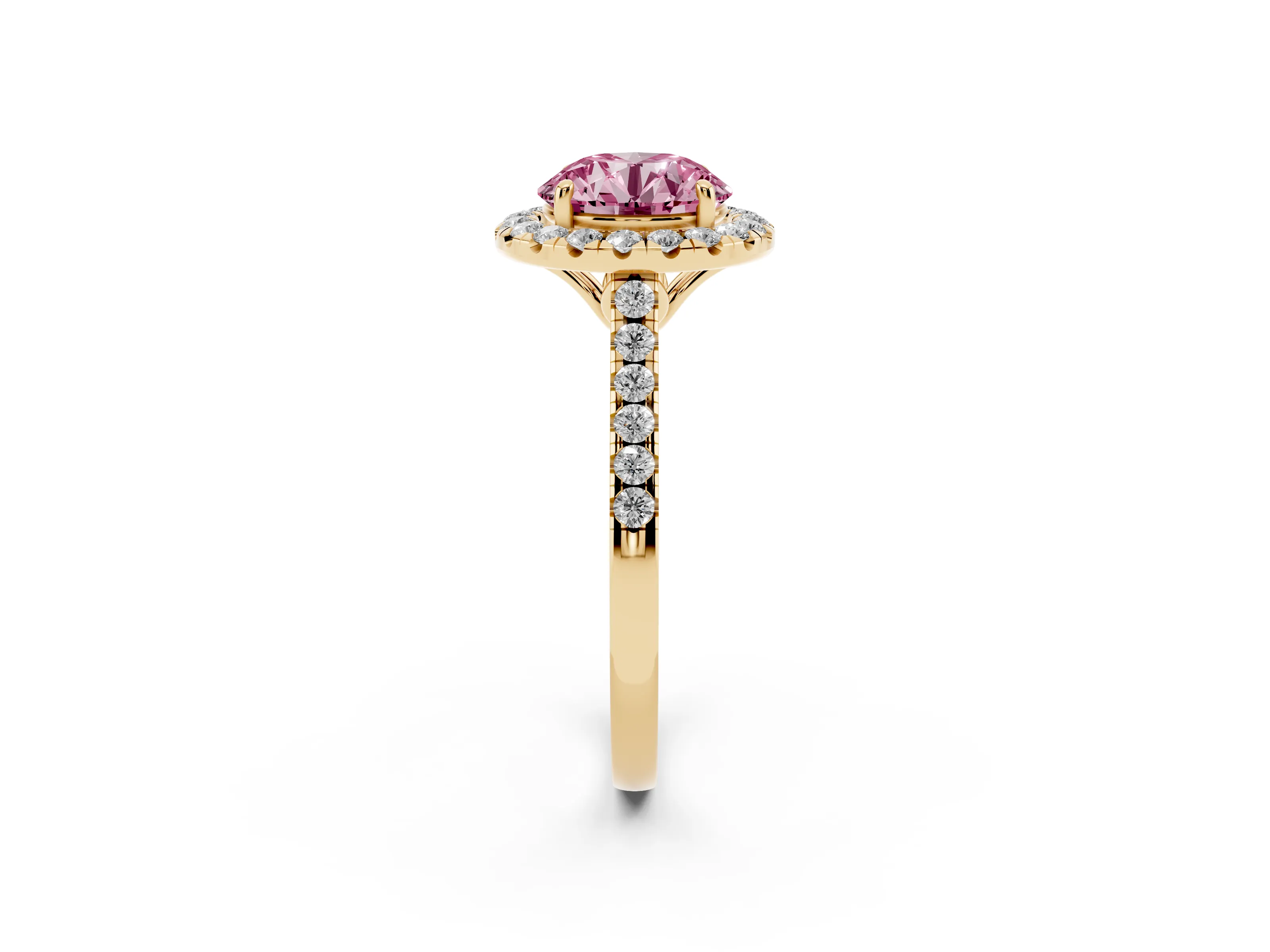Fancy Pink Round Cut Diamond Pavé Halo Engagement Ring Set in Yellow gold with Pavé Band and Prong Setting