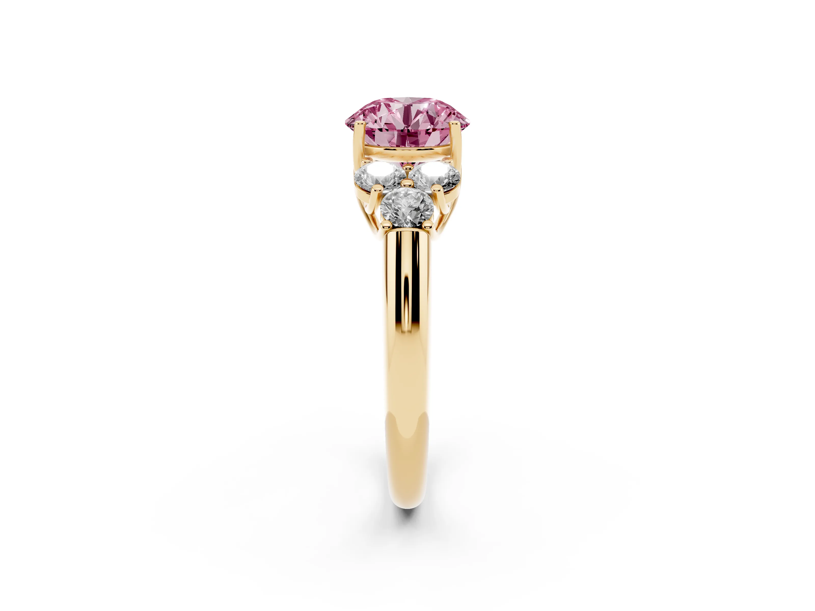 Fancy Pink Round Cut Diamond Cluster Ring Set in Yellow gold with Round Accent Stones and Prong Setting on a Plain Band