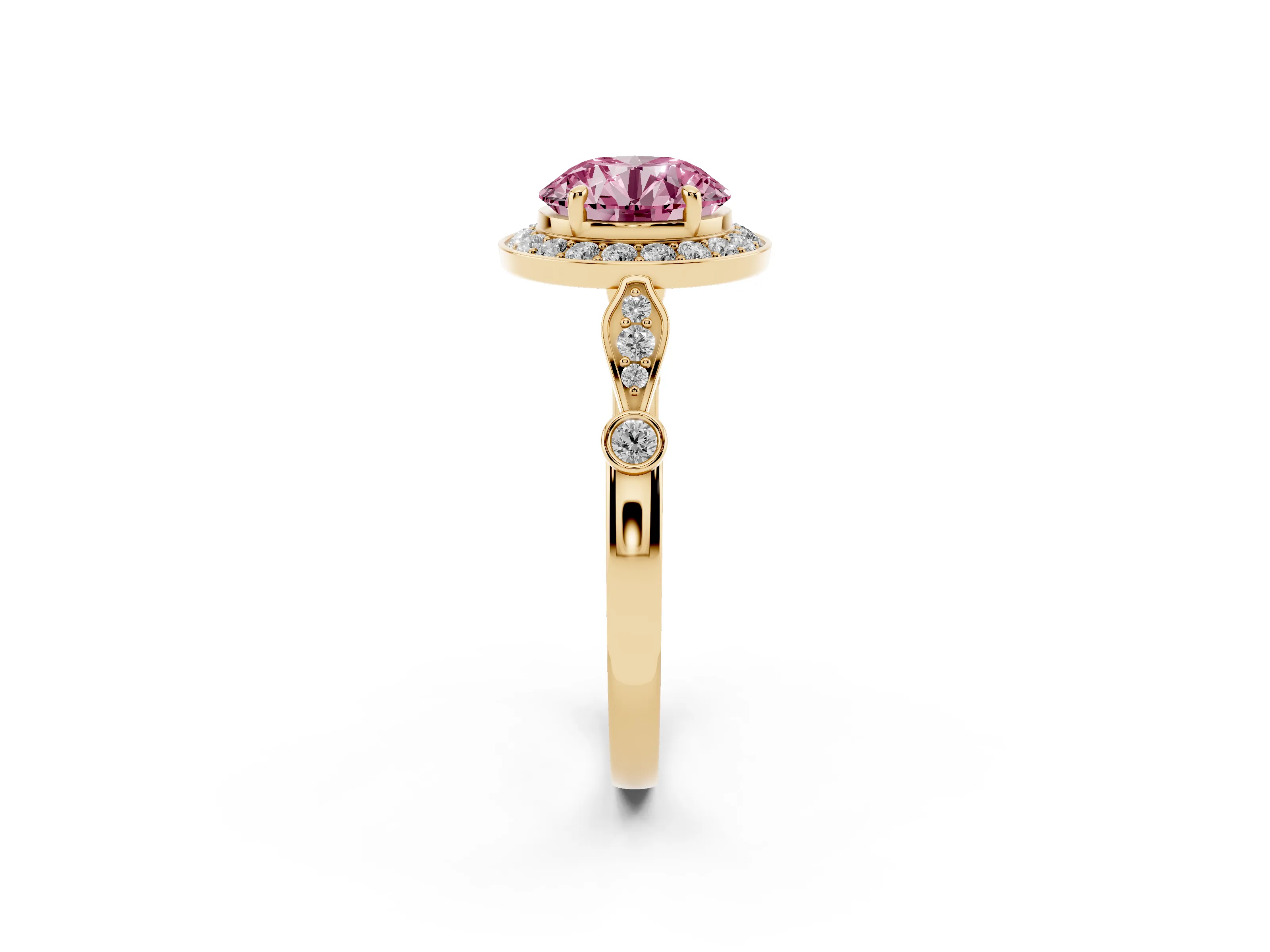 Fancy Pink Round Cut Diamond Halo Engagement Ring Set in Yellow gold with Twisted Band and Prong Setting