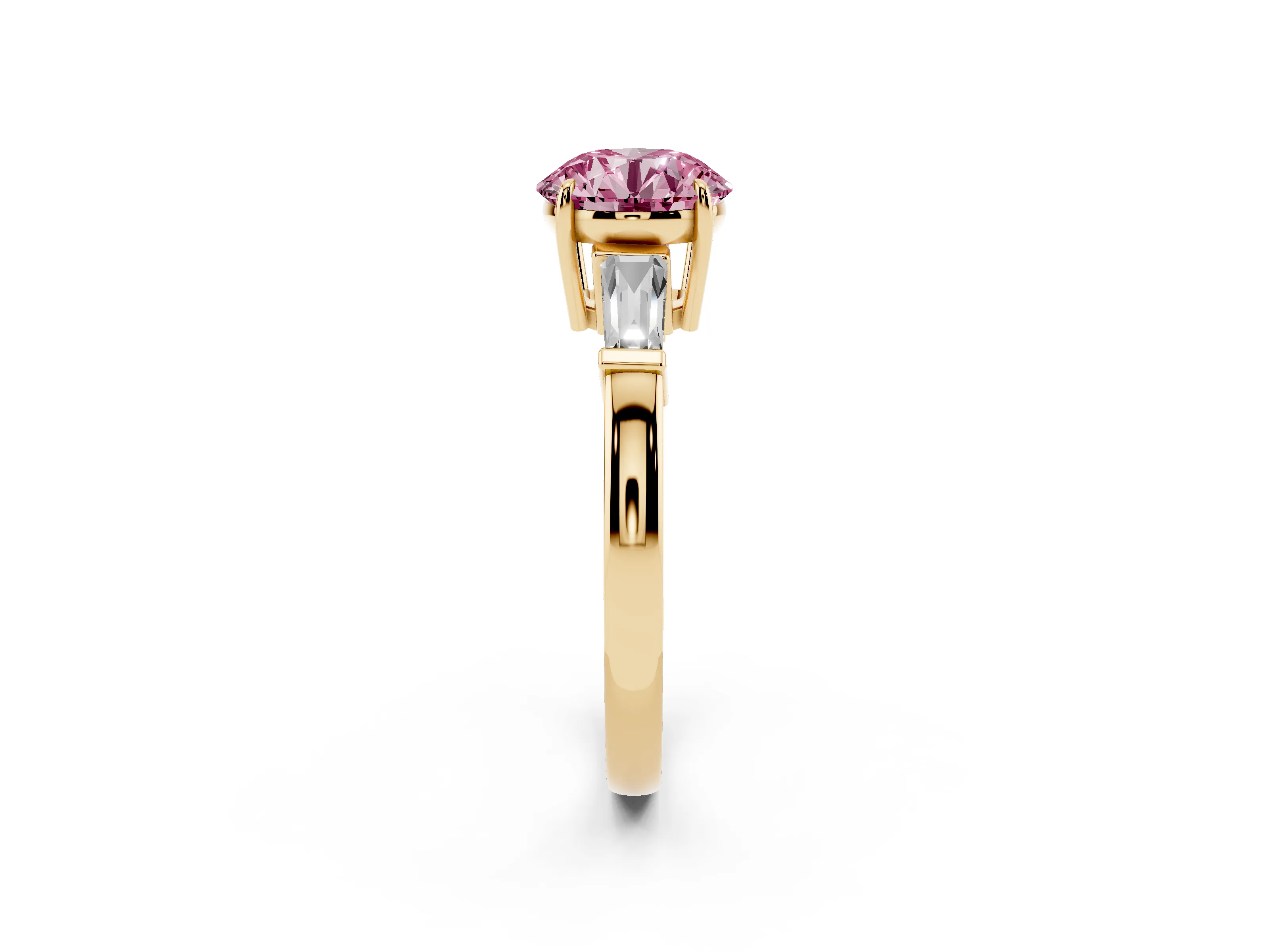 Fancy Pink Round Cut Diamond Three-Stone Ring Set in Yellow gold with Tapered Baguette Side Stones and Prong Setting