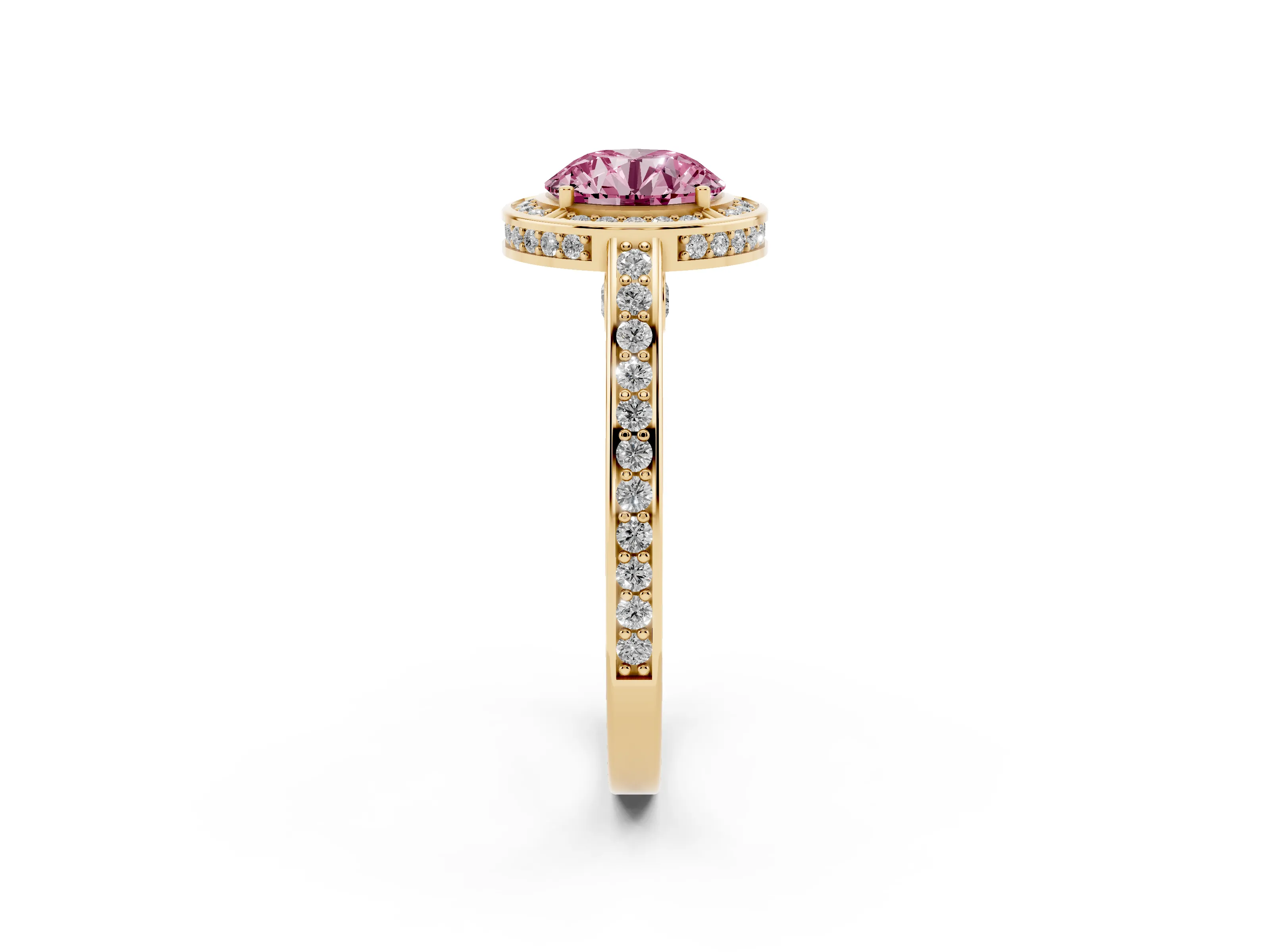 Fancy Pink Round Cut Diamond Halo Pavé Split Shank Ring Set in Yellow gold with Prong Setting