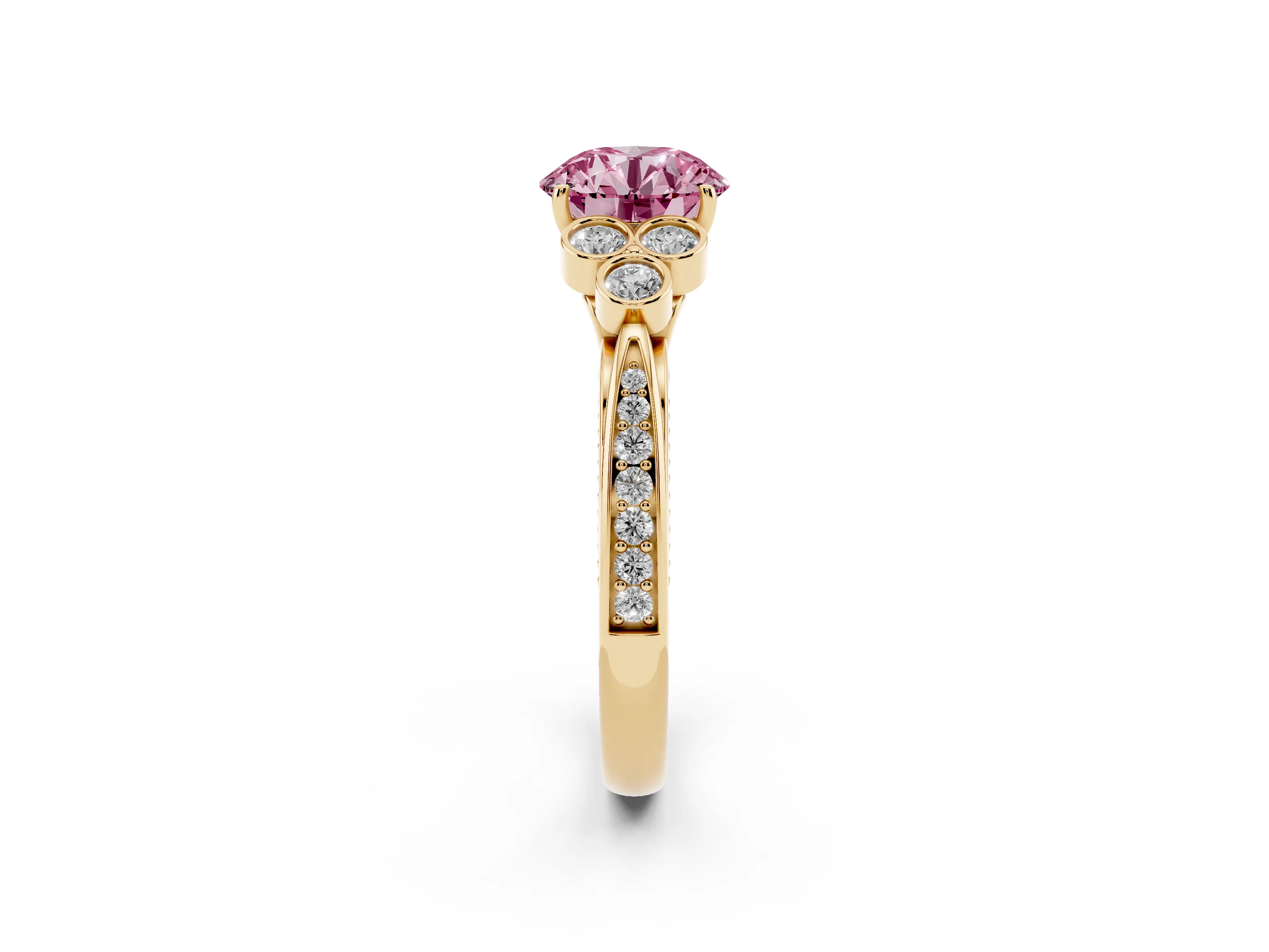 Fancy Pink Round Cut Diamond Engagement Ring Set in Yellow gold with Bezel Set Round Side Stones and Prong Setting