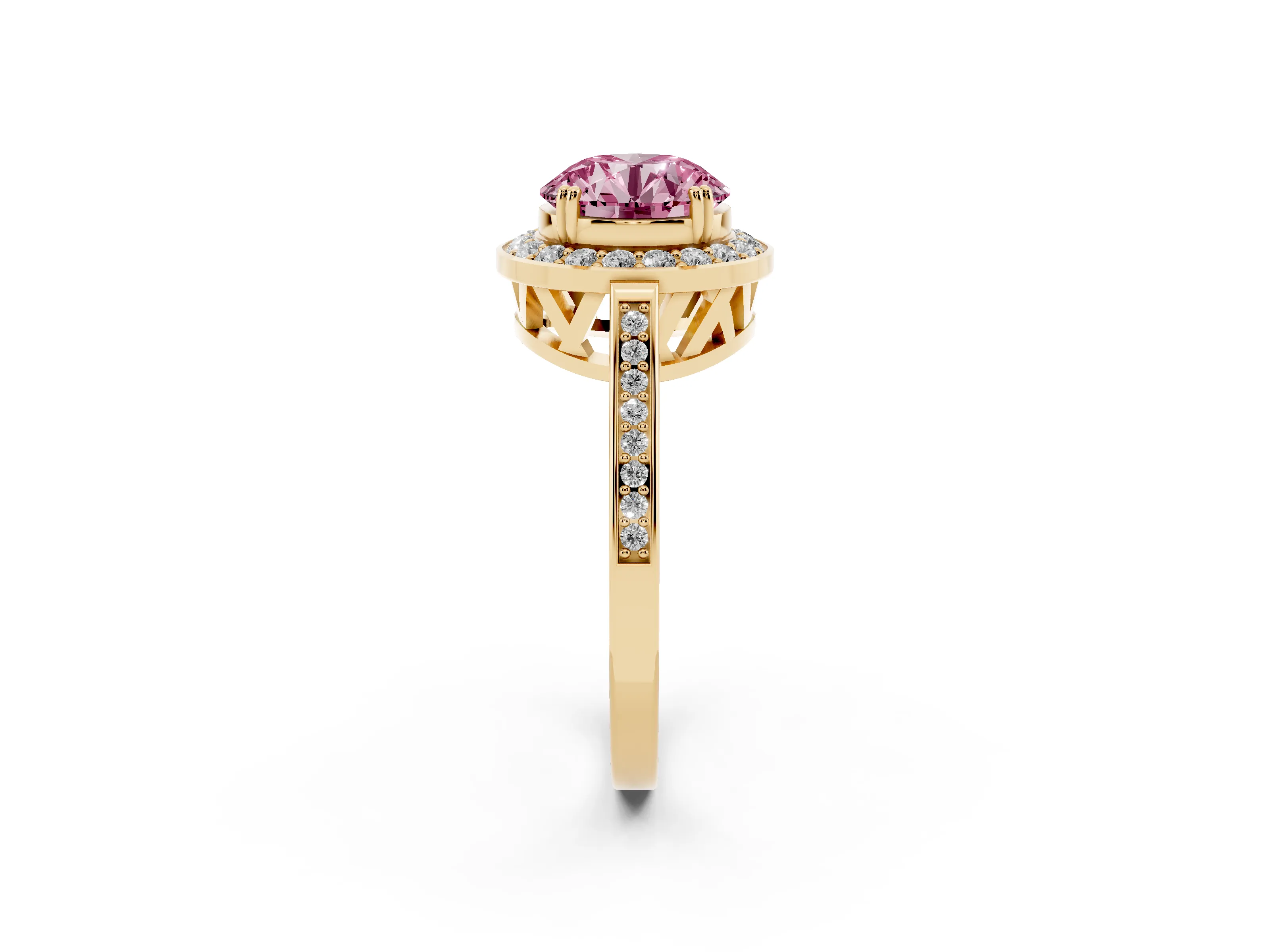 Fancy Pink Round Cut Diamond Halo Ring Set in Yellow gold with Accent-Lined Split Shank and Prong Setting