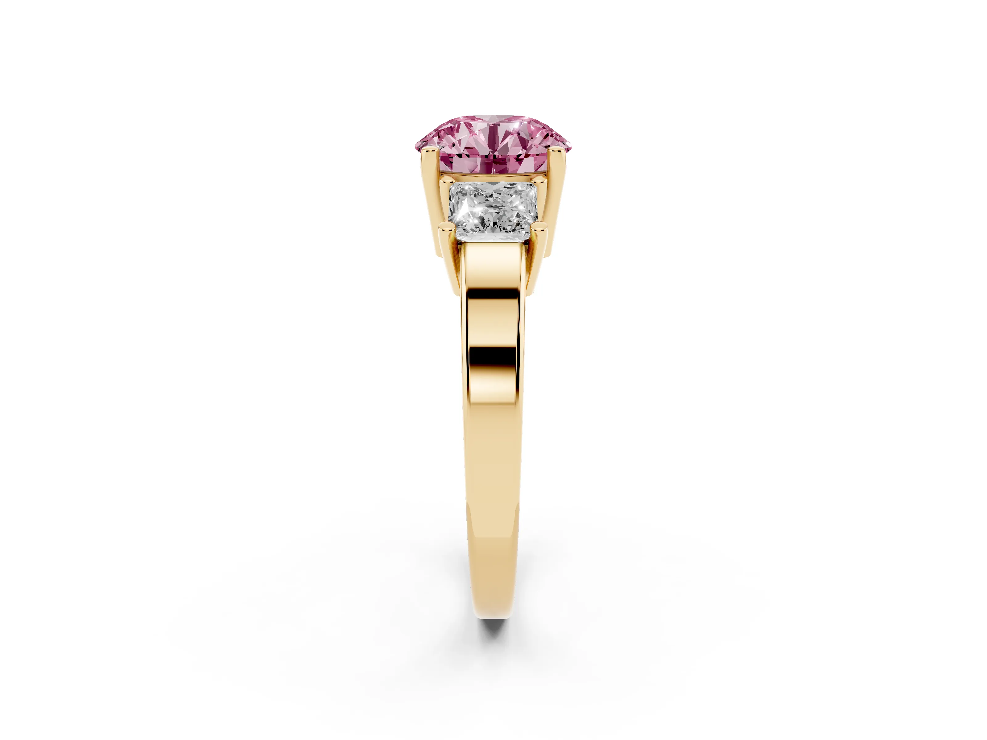 Fancy Pink Three-Stone Round Cut Diamond Solitaire Ring Set in Yellow gold with Prong Setting