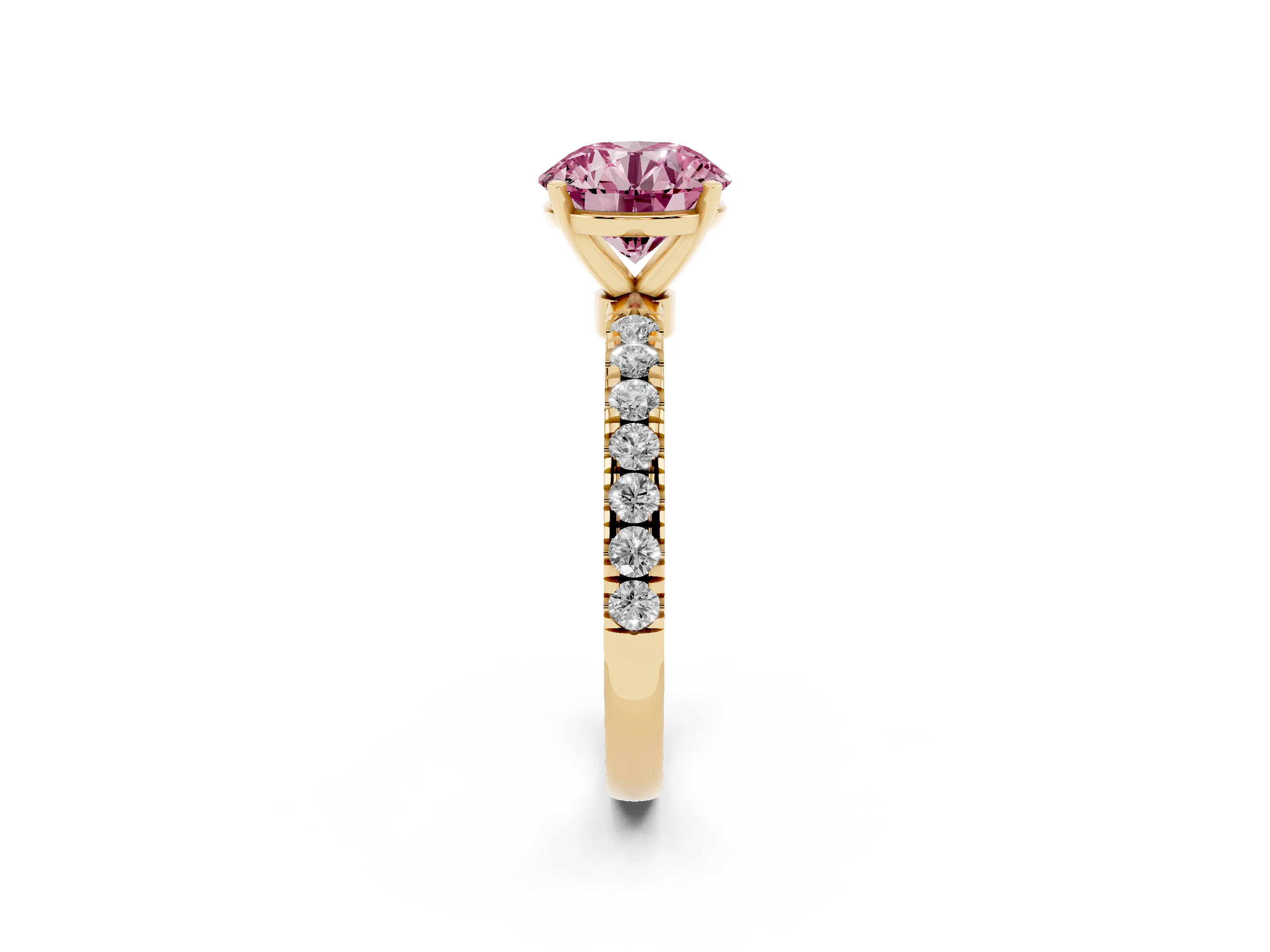 Fancy Pink Round Cut Diamond Solitaire Ring Set in Yellow gold with Pavé Accents and Prong Setting
