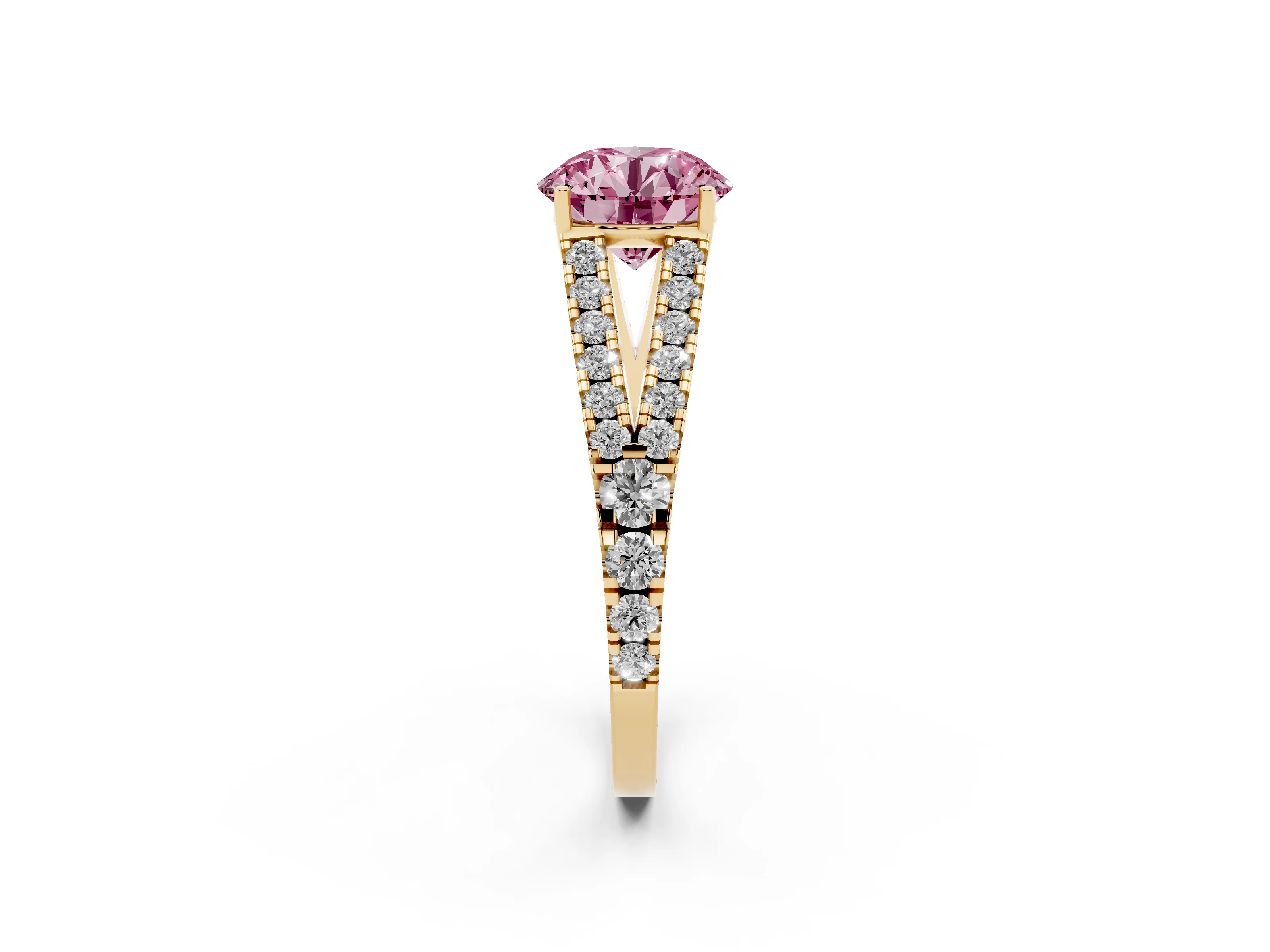 Fancy Pink Round Cut Diamond Split Shank Pavé Engagement Ring Set in Yellow gold with Prong-Held Center Stone
