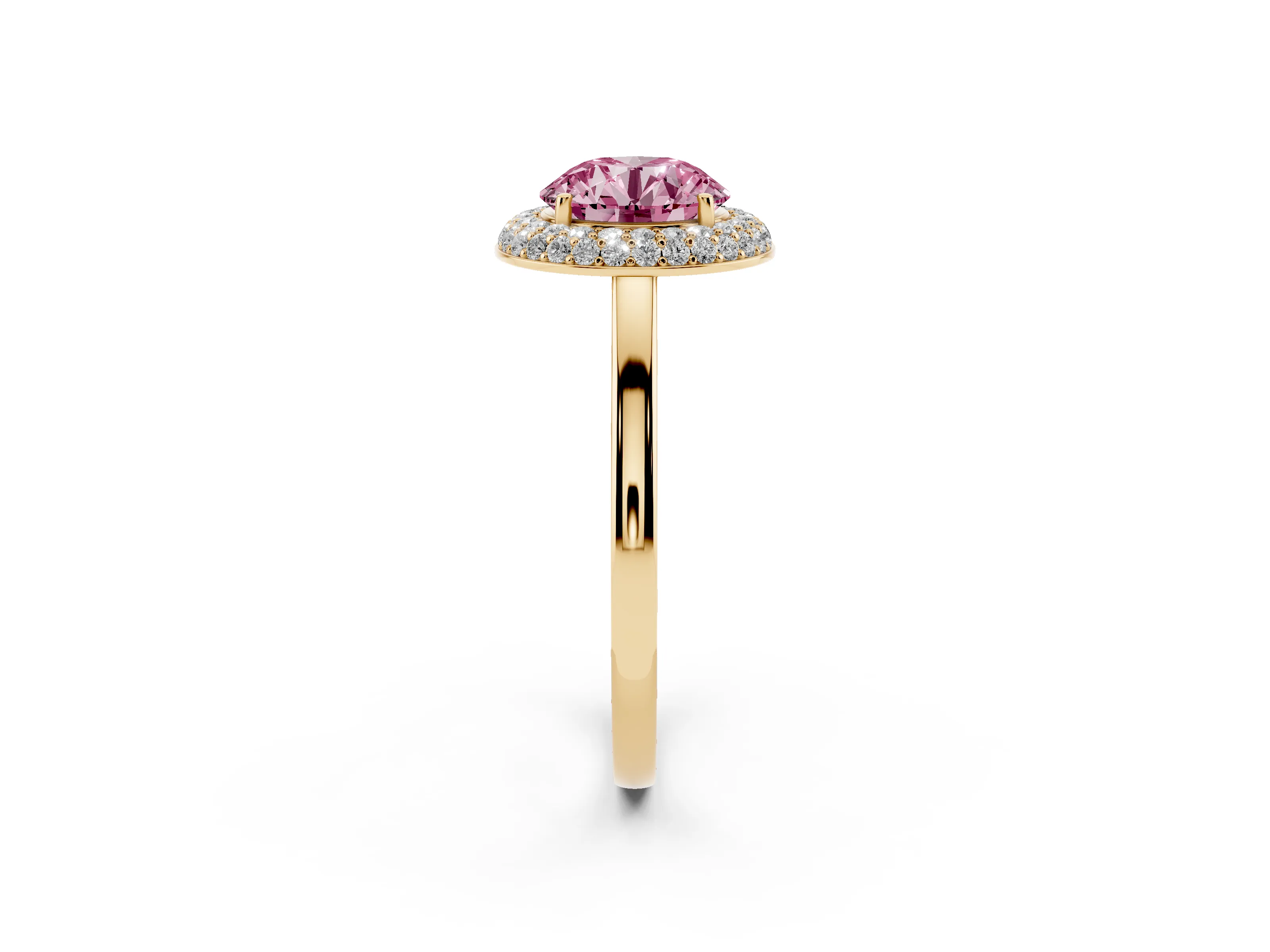 Fancy Pink Round Cut Diamond Halo Engagement Ring Set in Yellow gold with Solitaire Band and Prong Setting