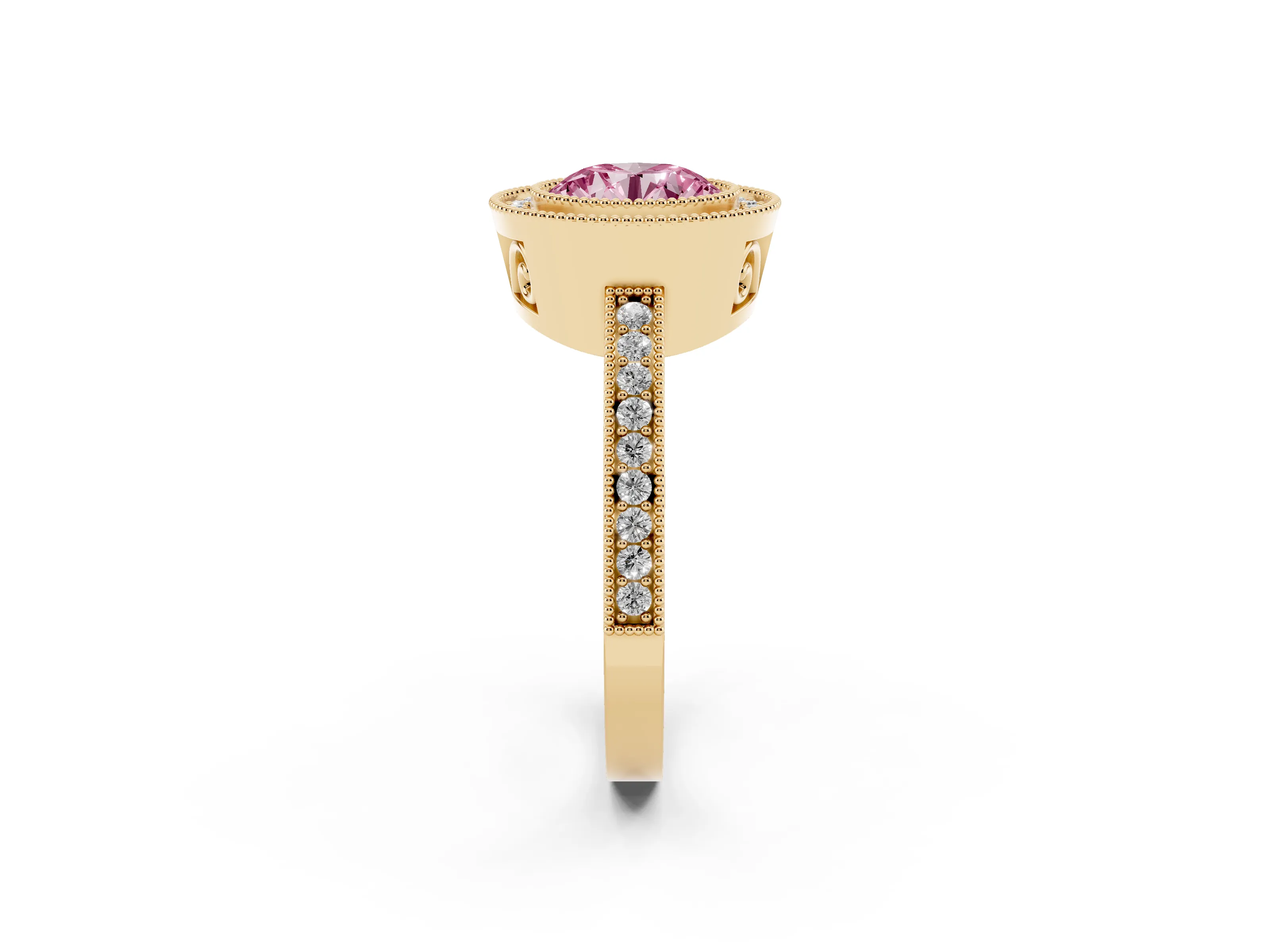 Fancy Pink Round Cut Diamond Round Halo Ring Set in Yellow gold with Pavé Band