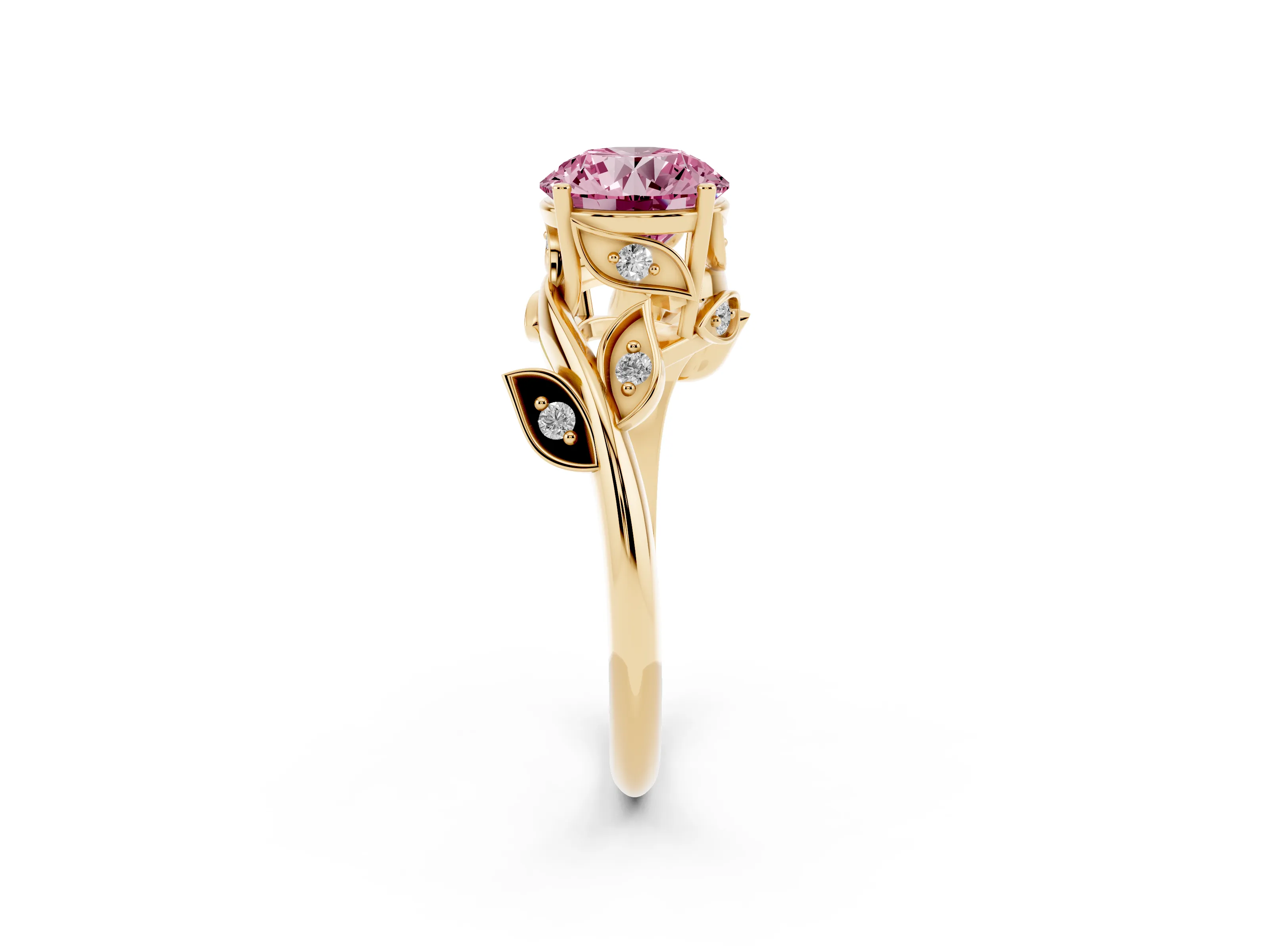 Fancy Pink Round Cut Diamond Solitaire Twist Engagement Ring Set in Yellow gold with Pavé Leaf Accents