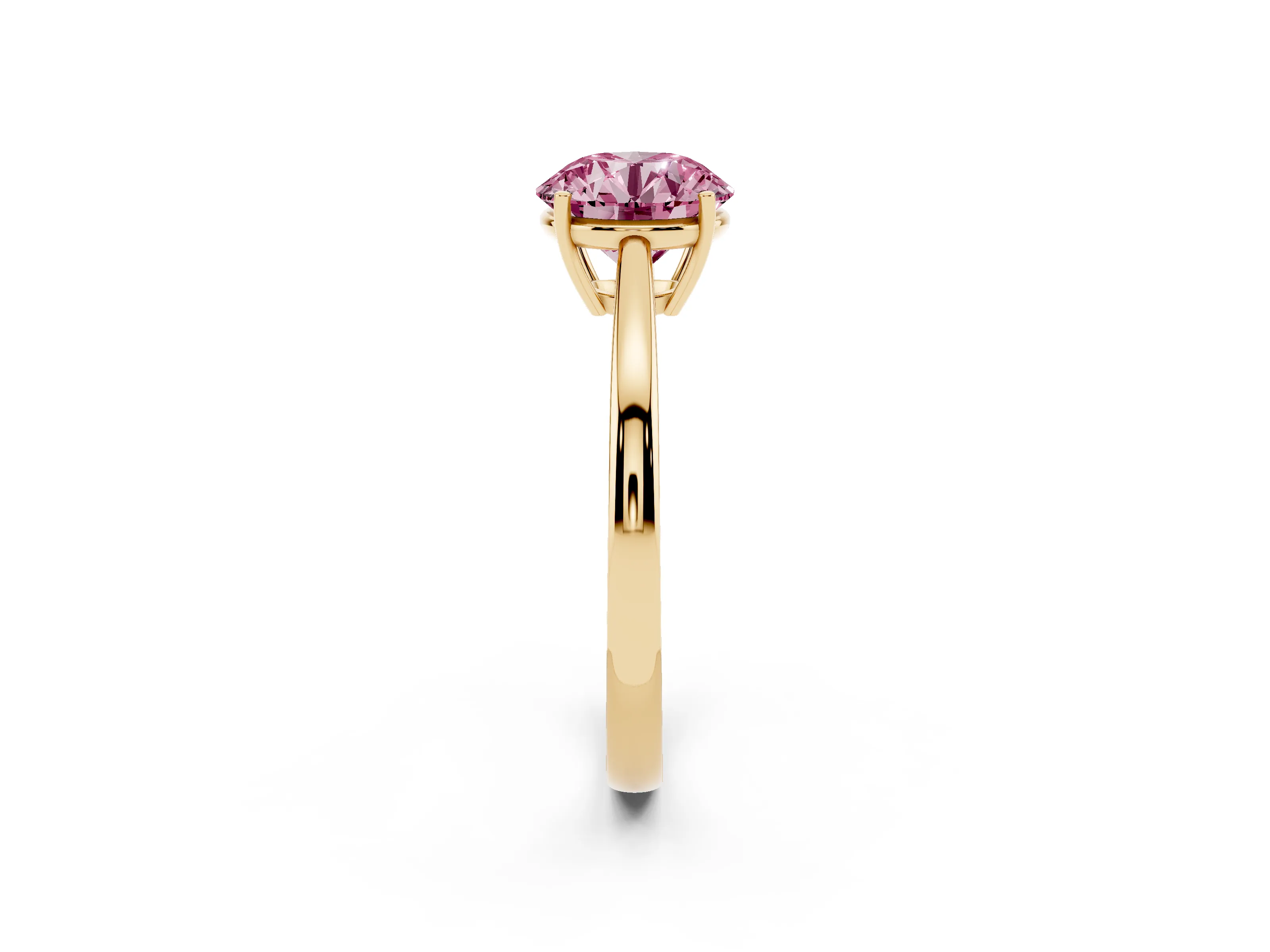 Fancy Pink Round Cut Diamond Solitaire Ring Set in Yellow gold with Split Shank and Prong Setting
