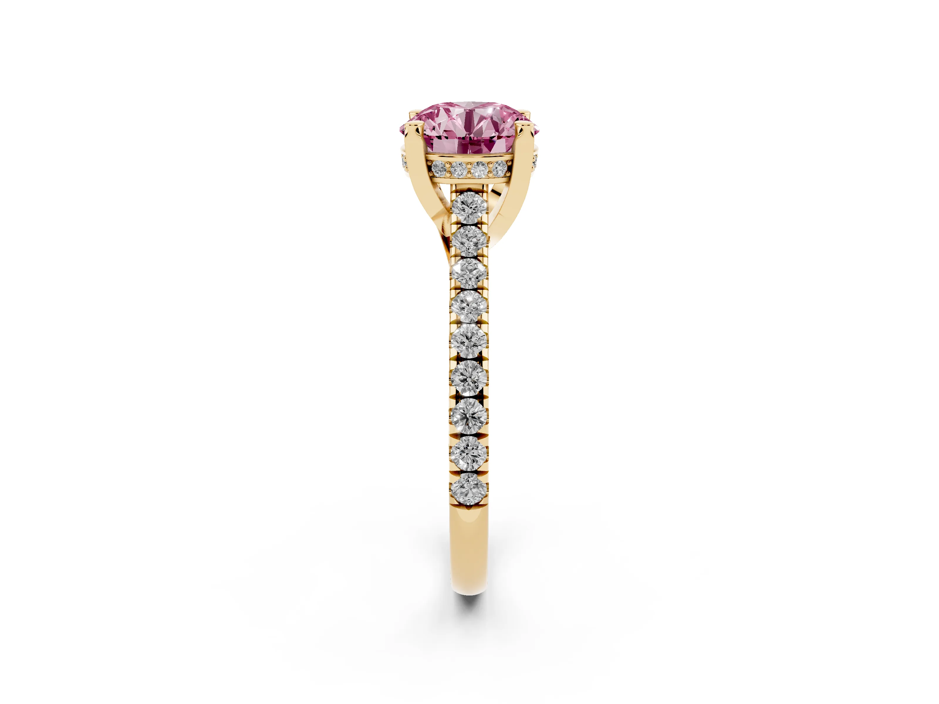 Fancy Pink Round Cut Diamond Solitaire Ring Set in Yellow gold with Brilliant Pavé Band and Prong Setting