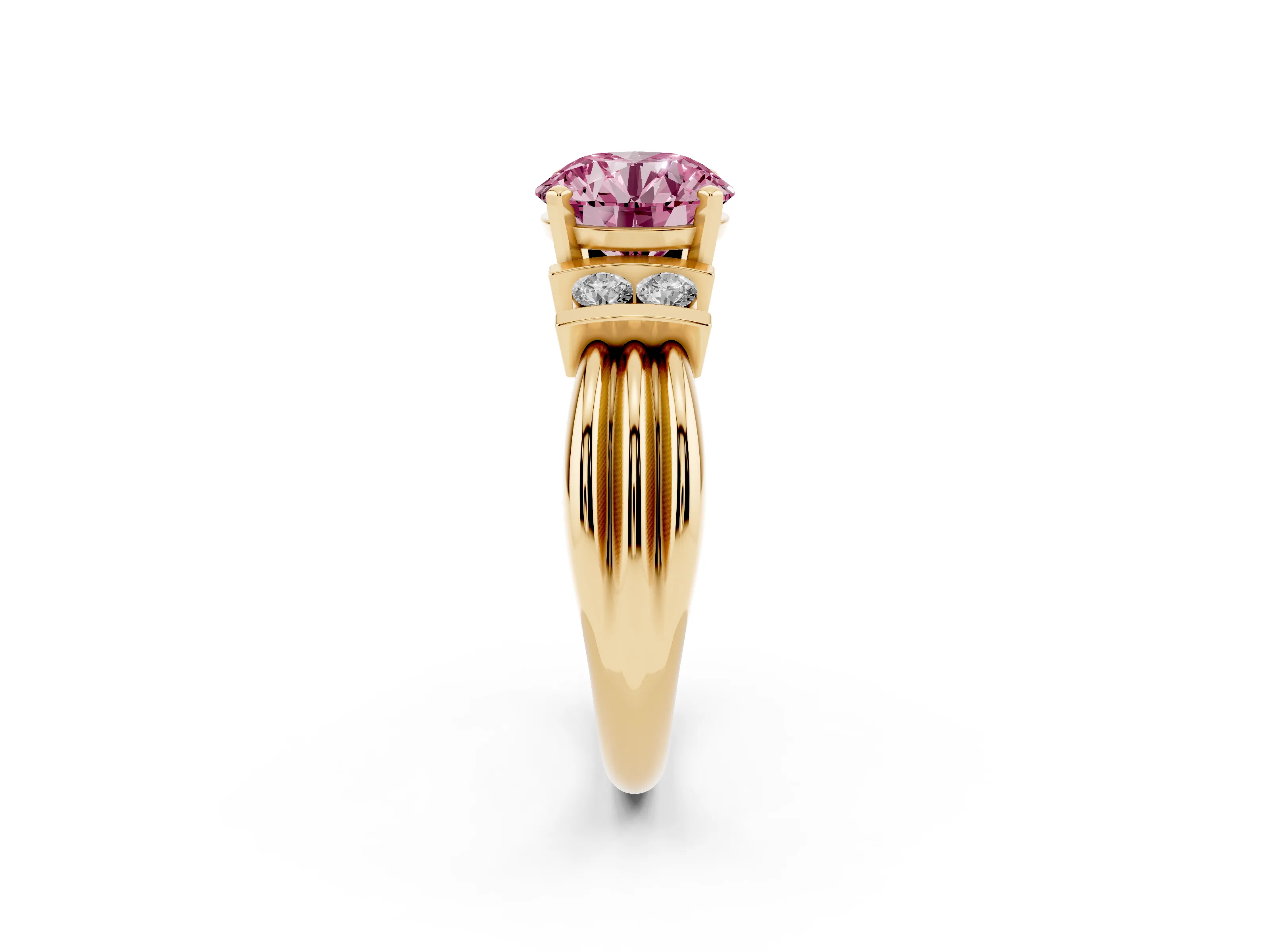 Fancy Pink Three-Stone Round Cut Diamond Channel Set Ring Set in Yellow gold with Bar Prongs
