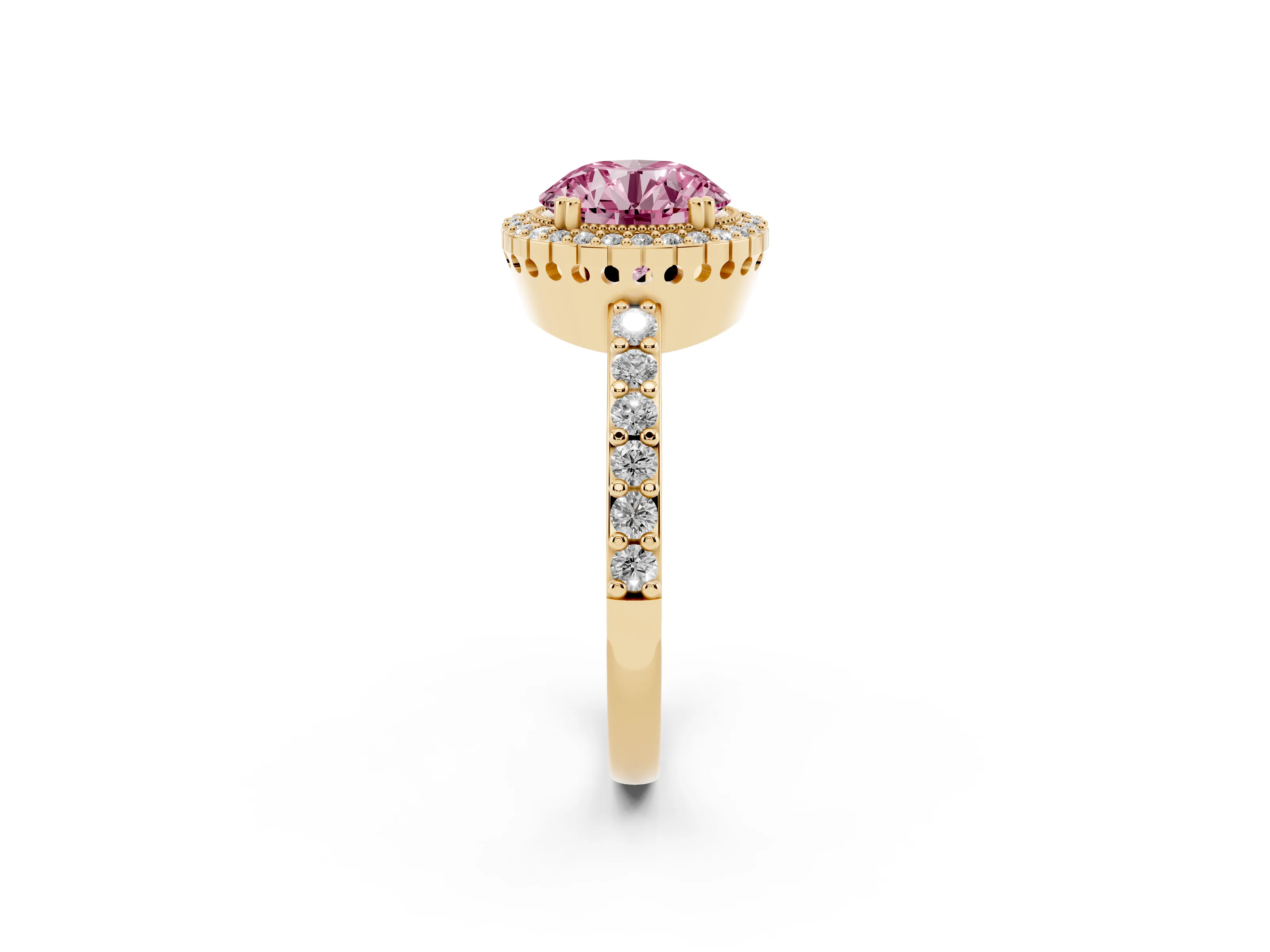 Fancy Pink Round Cut Diamond Halo Engagement Ring Set in Yellow gold with Milgrain Detail and Pavé Band