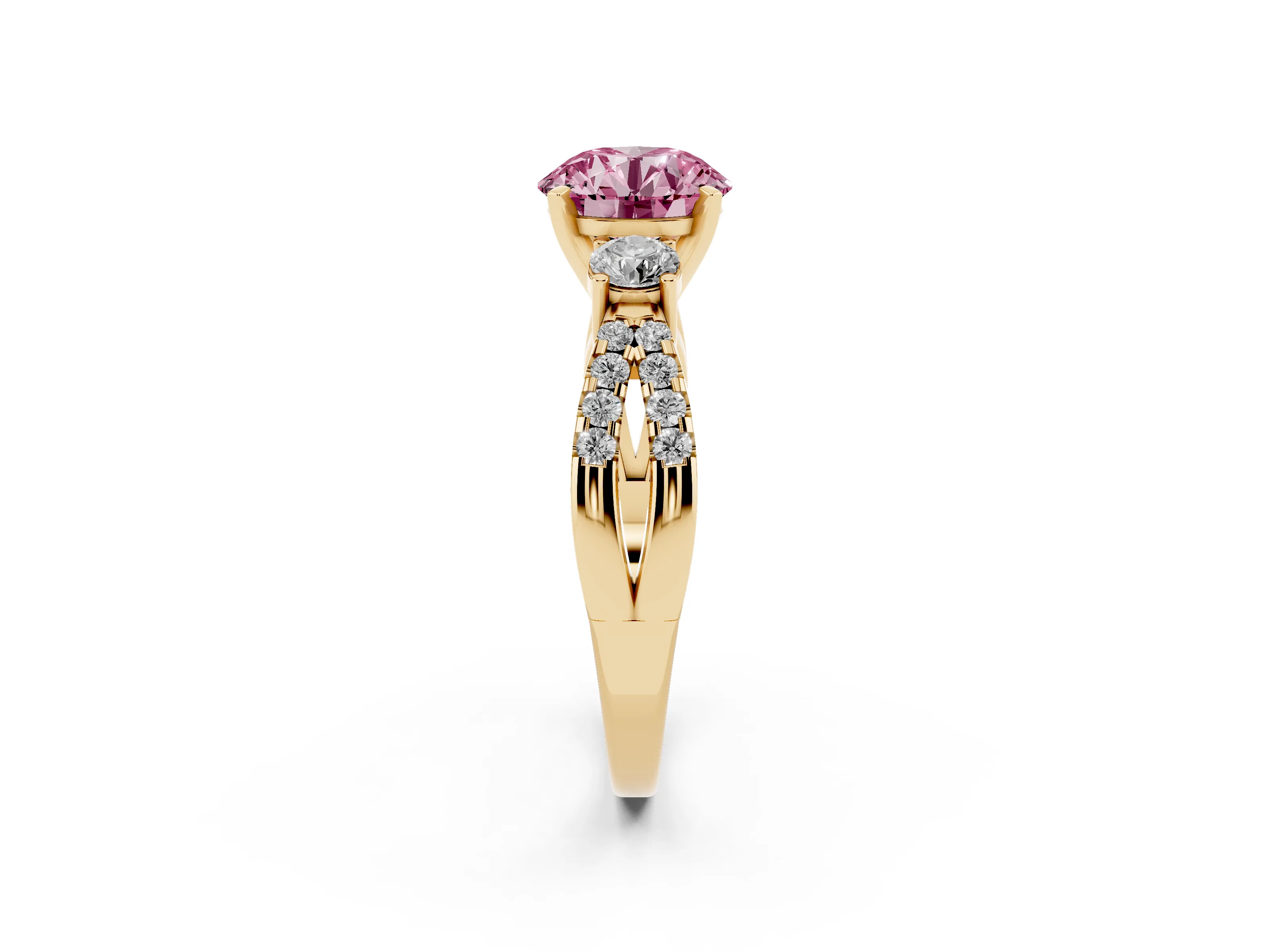 Fancy Pink Round Cut Diamond Three-Stone Ring Set in Yellow gold with Pavé Split Shank and Prong Setting