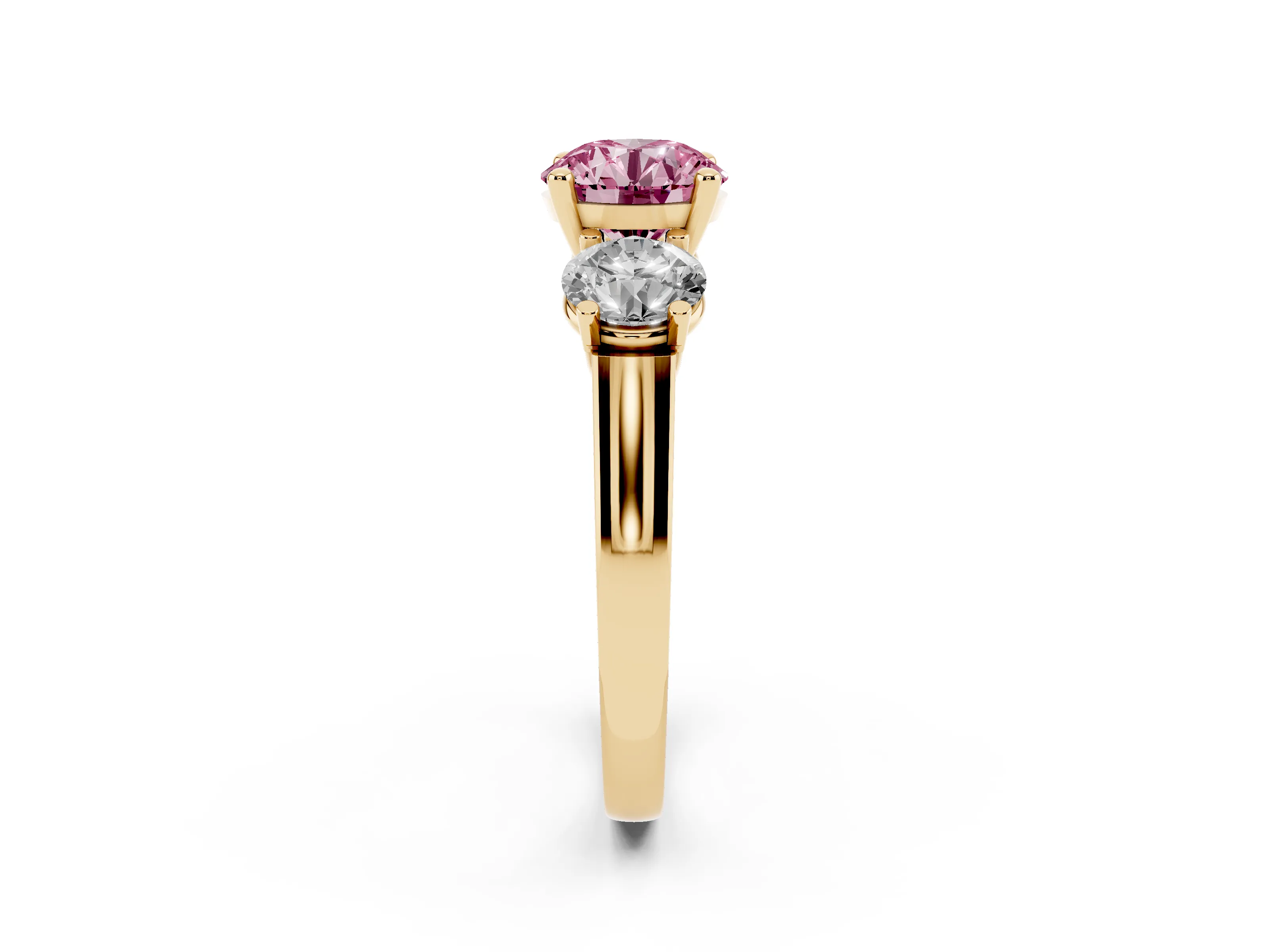 Fancy Pink Round Cut Diamond Three-Stone Trellis Ring Set in Yellow gold with Comfort Fit Band
