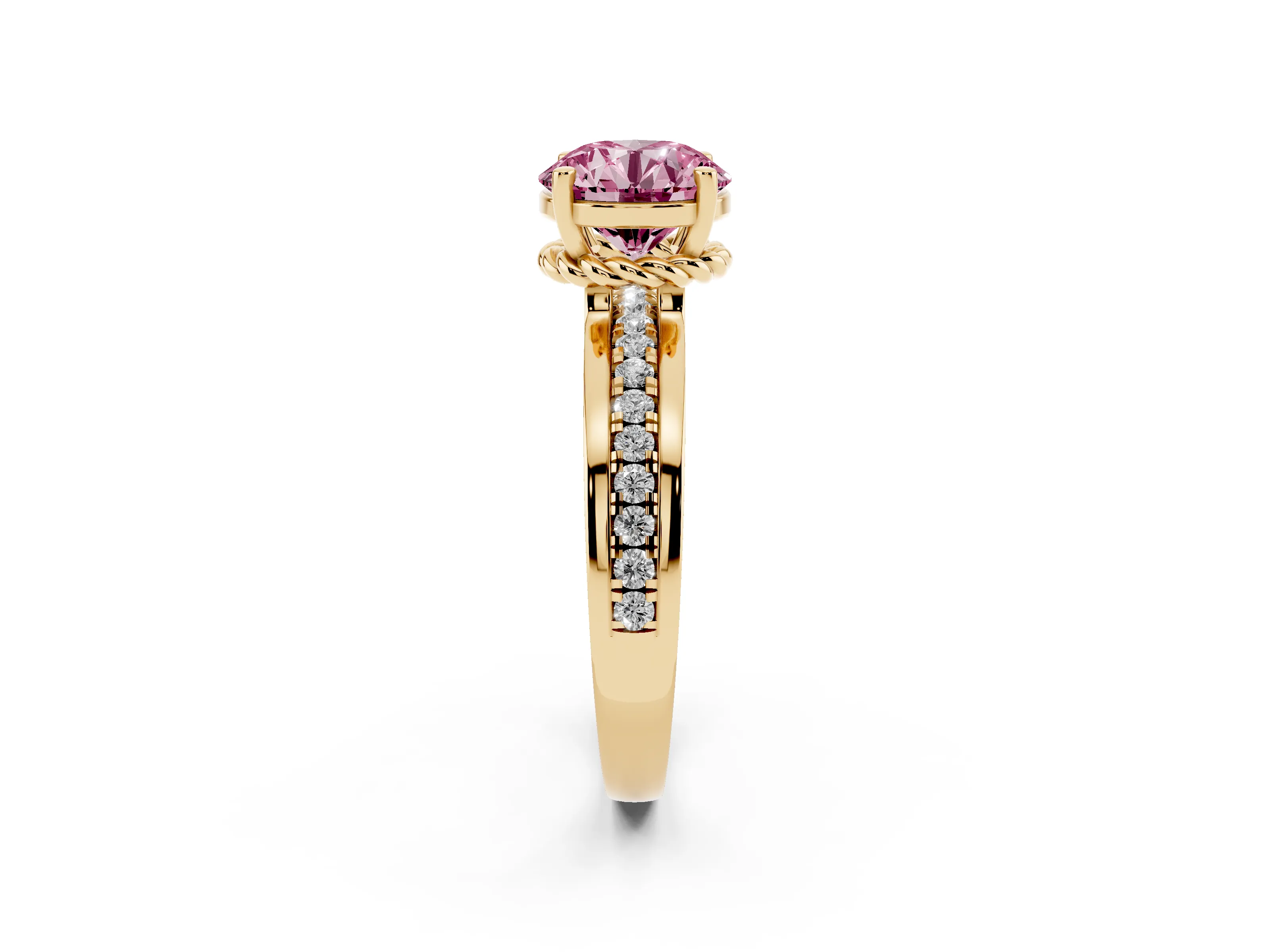 Fancy Pink Round Cut Diamond Solitaire Ring Set in Yellow gold with Channel Set Band and Prong Setting