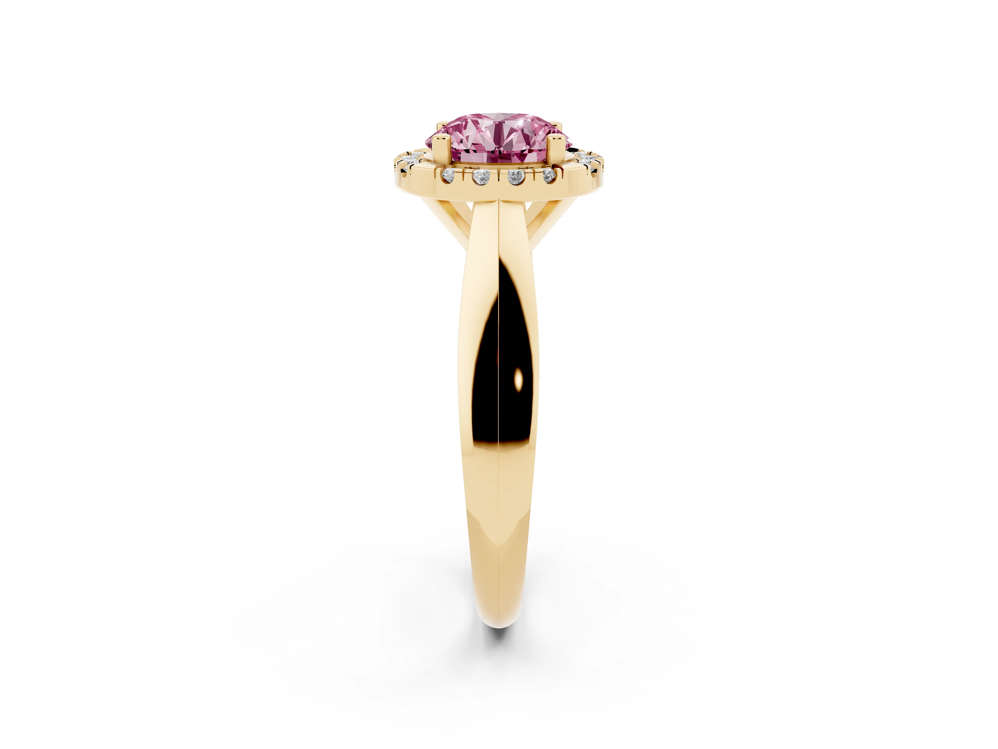 Fancy Pink Round Cut Diamond Halo Solitaire Engagement Ring Set in Yellow gold with Square Band and Prong Setting