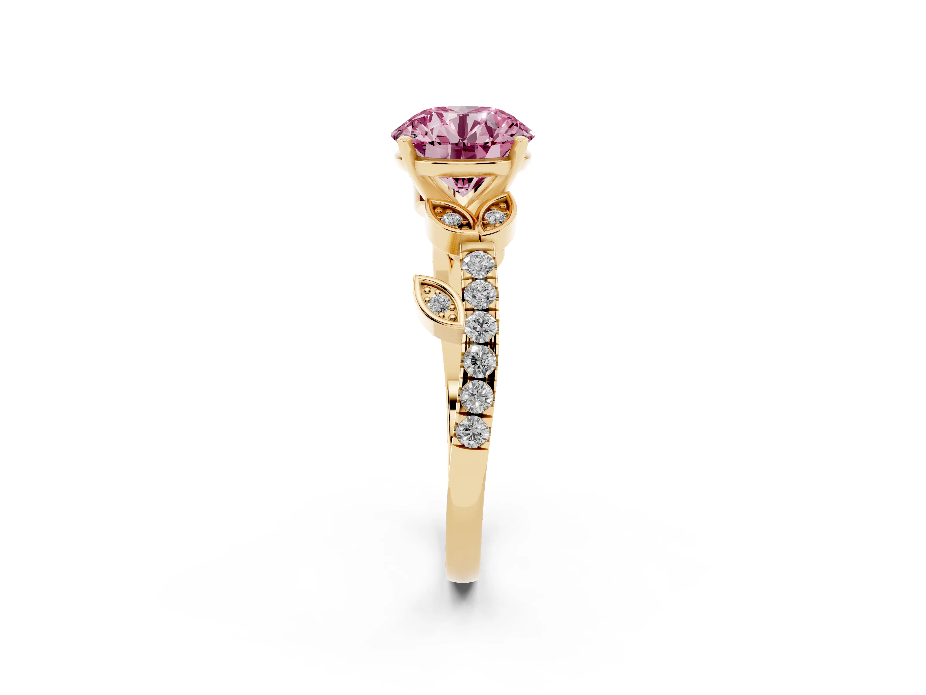 Fancy Pink Round Cut Diamond Solitaire Leaf-Inspired Ring Set in Yellow gold with Pavé Band and Prong Setting